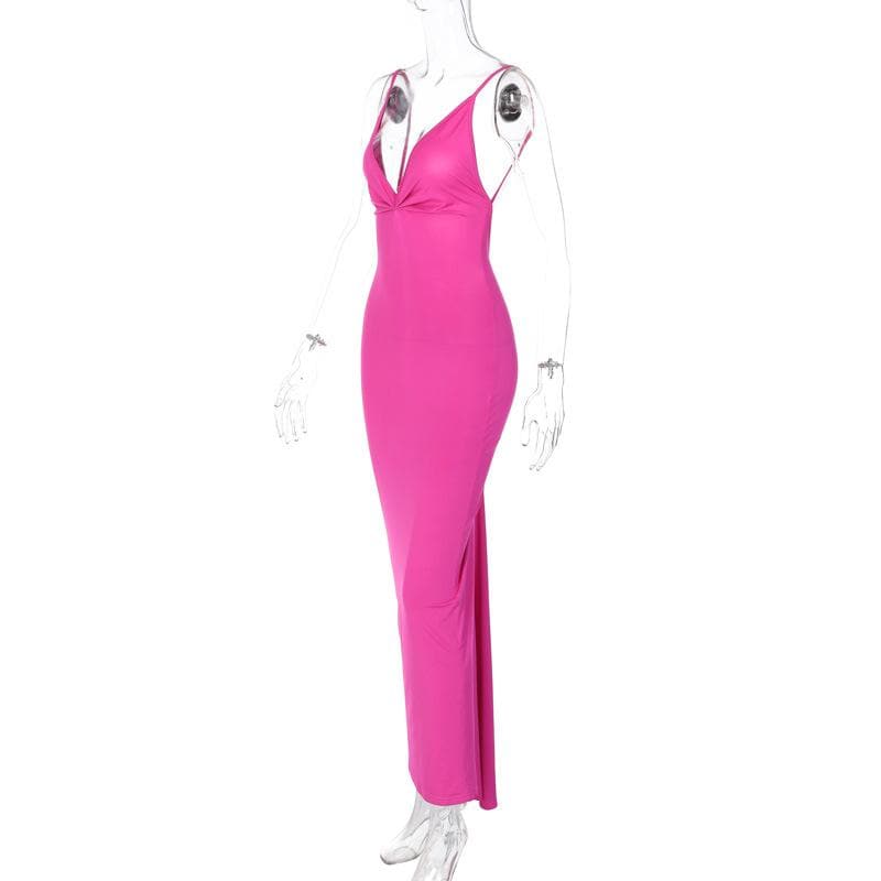 Ruched Back Deep V Backless Spaghetti Strap Maxi Dress