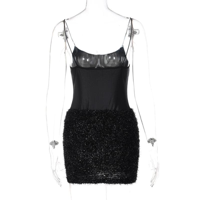 Scoop Neck Spaghetti Strap Textured Fuzzy Skirt Bodycon Mini Dress