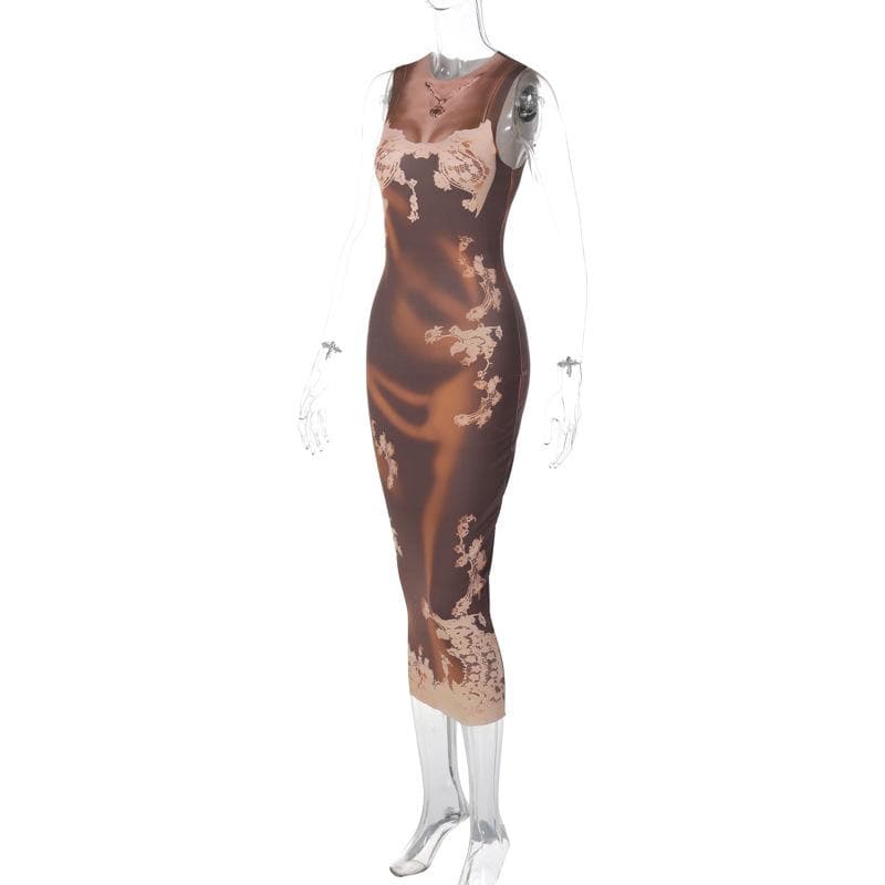Sleeveless Crewneck Body Silhouette Floral Overlay Bodycon Maxi Dress