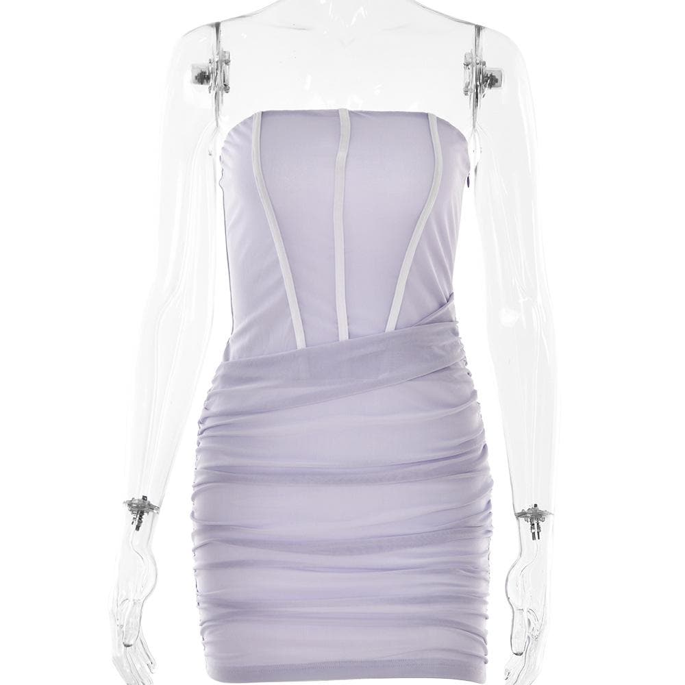 Corset Contrast Ruched Mesh Backless Tube Mini Dress