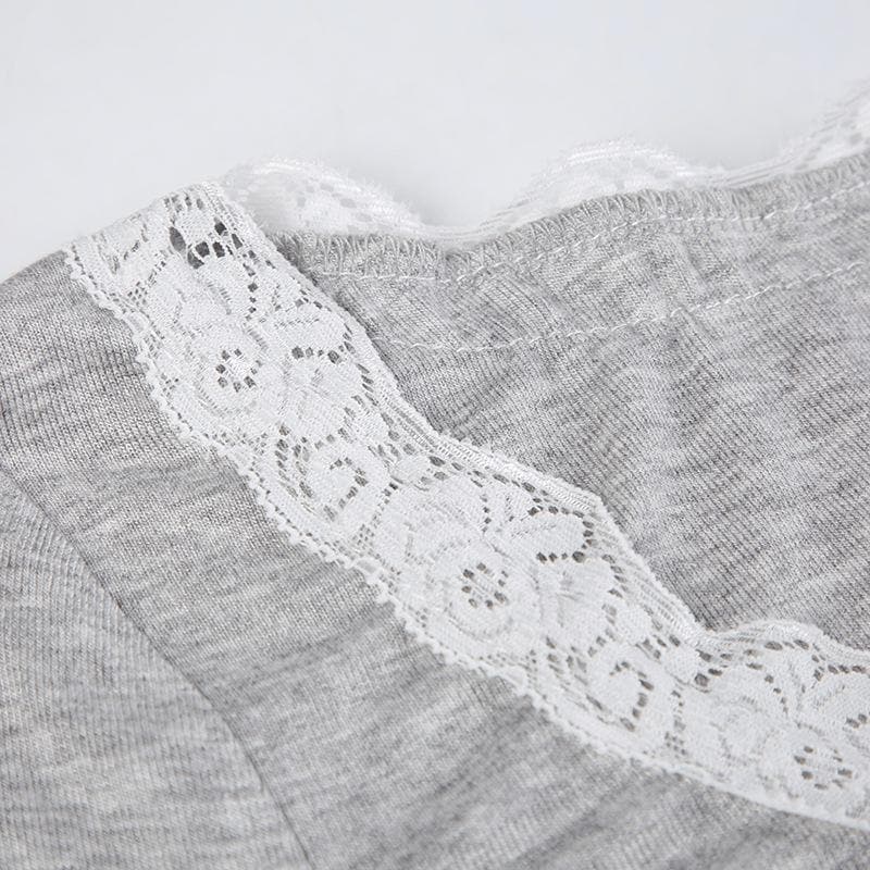 Lace Trim Scoop Neck Bow Empire Waist Ribbed Long Sleeve Flared Mini Dress