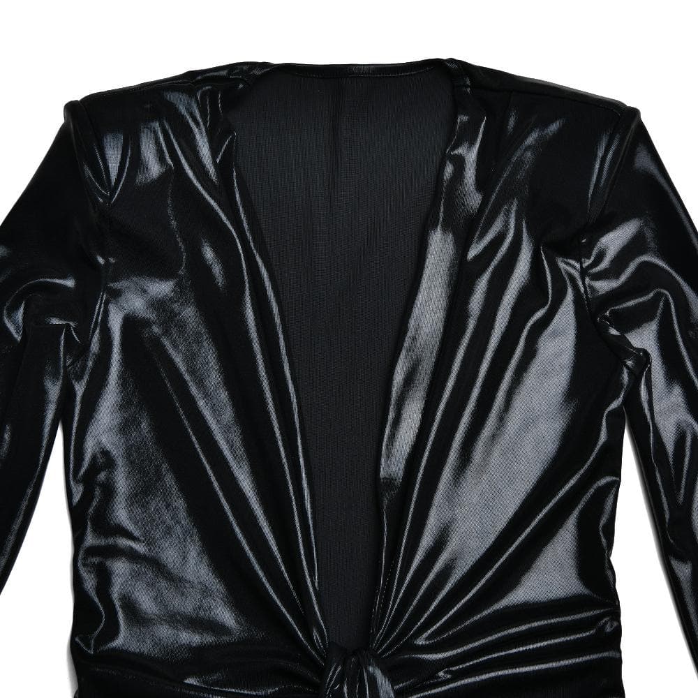 Ruched Metallic Long Sleeve V Neck Knotted Front Maxi Dress