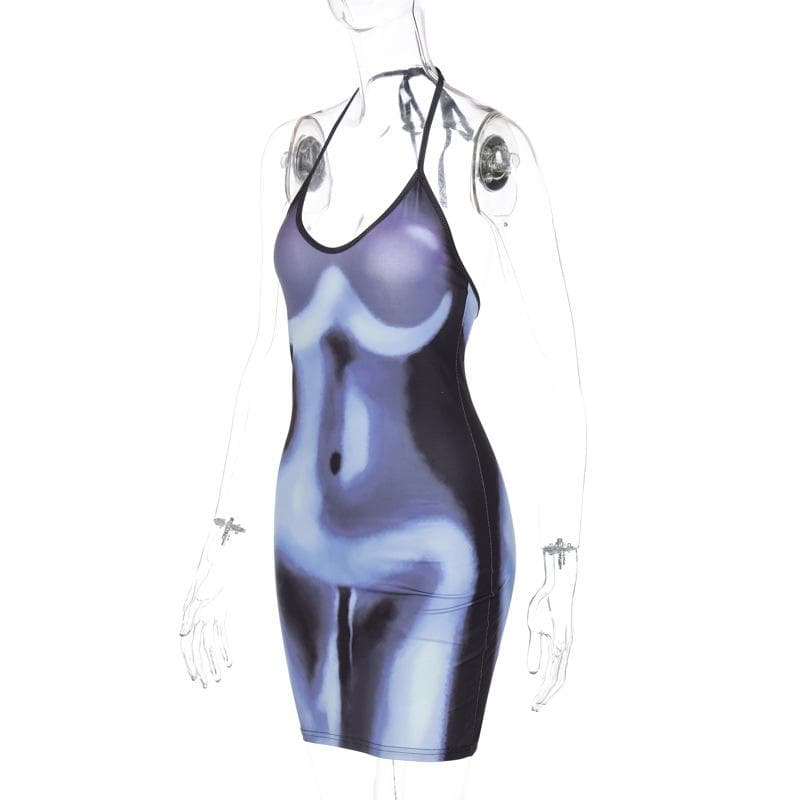 Abstract Body Print Halter Neck Self Tie Backless Mini Dress