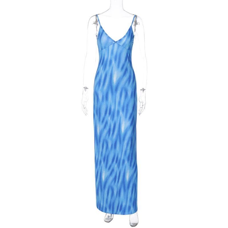 V Neck Spaghetti Strap Abstract Swirl Print Bodycon Maxi Dress