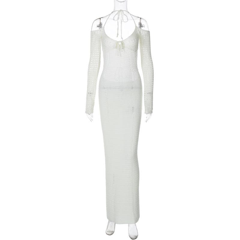 Crochet Knit Cold Shoulder Long Sleeve Halter Keyhole Backless Maxi Dress
