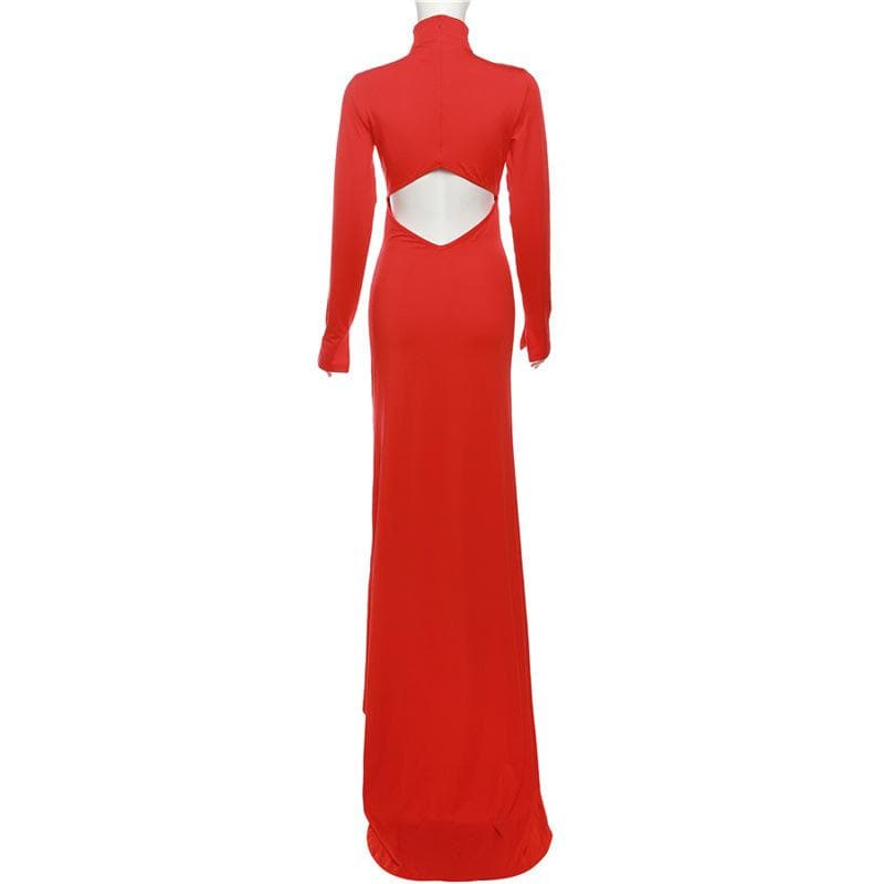 Long Sleeve High Neck Criss Cross Midriff Cut Out Maxi Dress