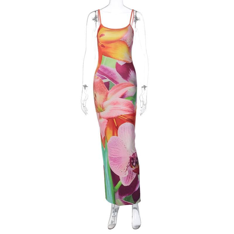 Oversized Floral Print Scoop Neck Spaghetti Strap Bodycon Maxi Dress