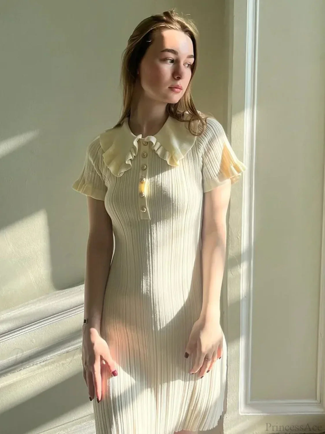 Polo Collar Ribbed Knit Ruffle Sleeve Button Front Mini Dress