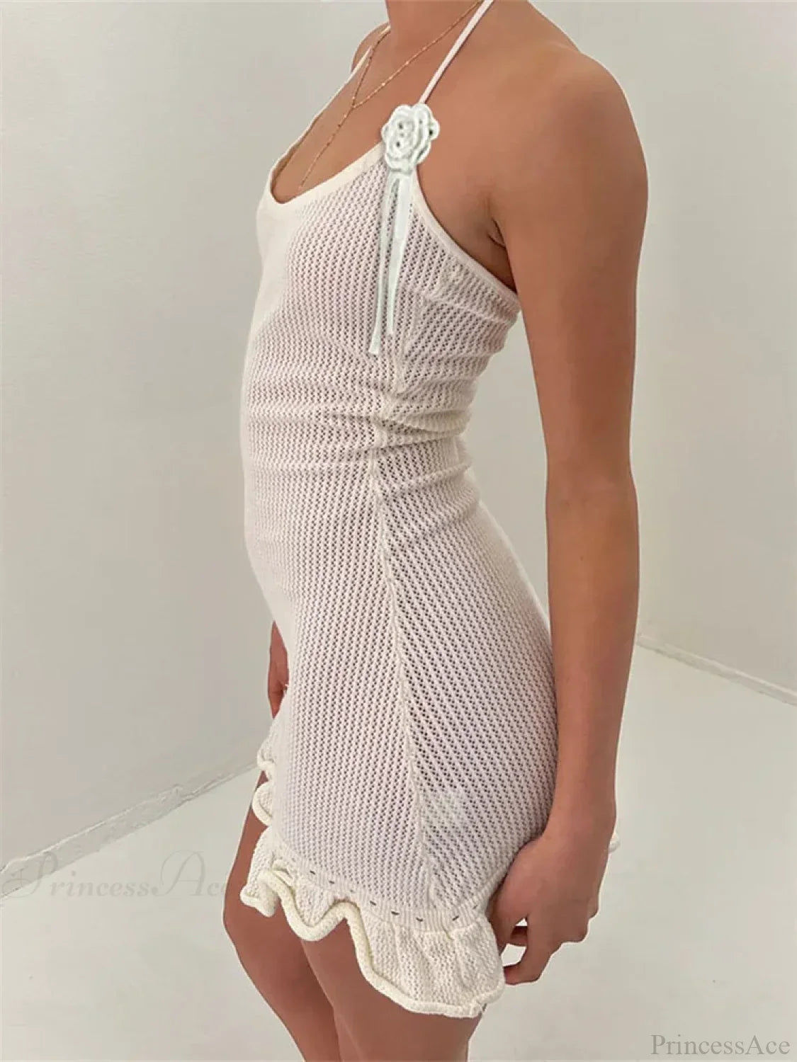 Halter Neck Pointelle Knit Rosette Applique Scalloped Eyelet Trim Ruffle Hem Mini Dress