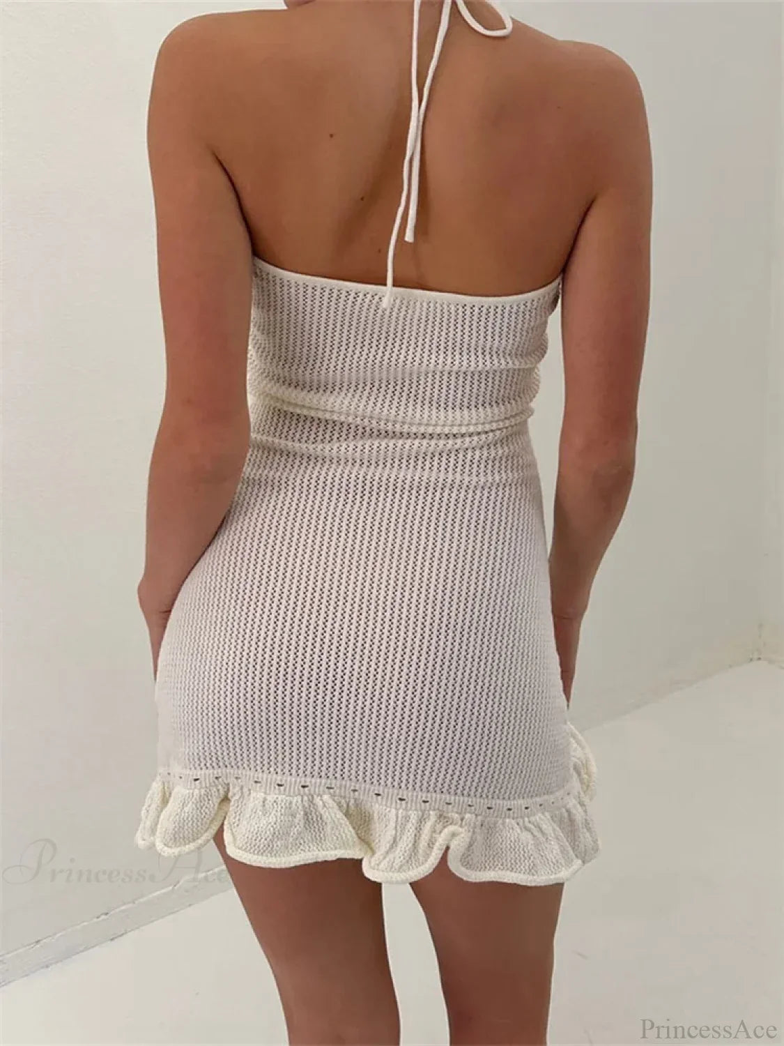 Halter Neck Pointelle Knit Rosette Applique Scalloped Eyelet Trim Ruffle Hem Mini Dress