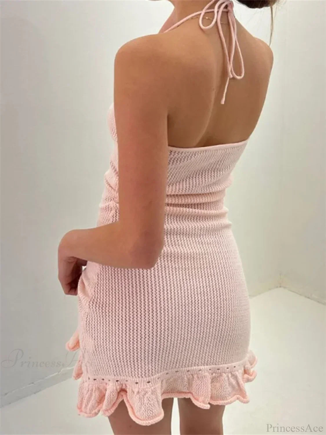 Halter Neck Pointelle Knit Rosette Applique Scalloped Eyelet Trim Ruffle Hem Mini Dress