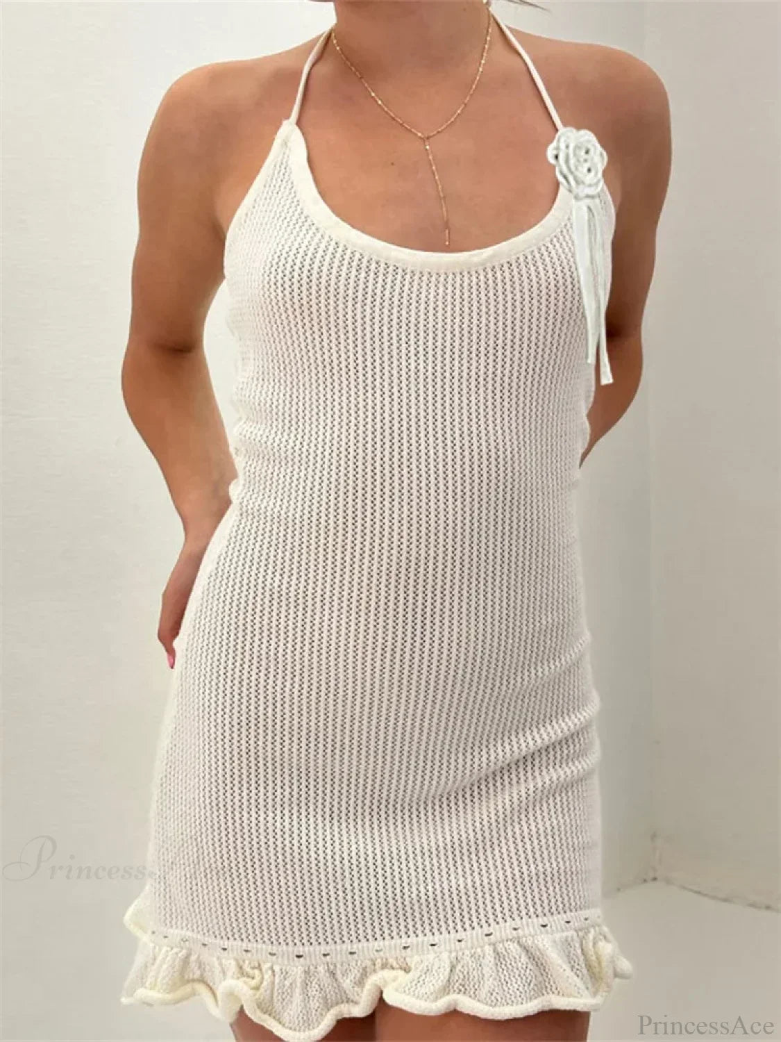 Halter Neck Pointelle Knit Rosette Applique Scalloped Eyelet Trim Ruffle Hem Mini Dress