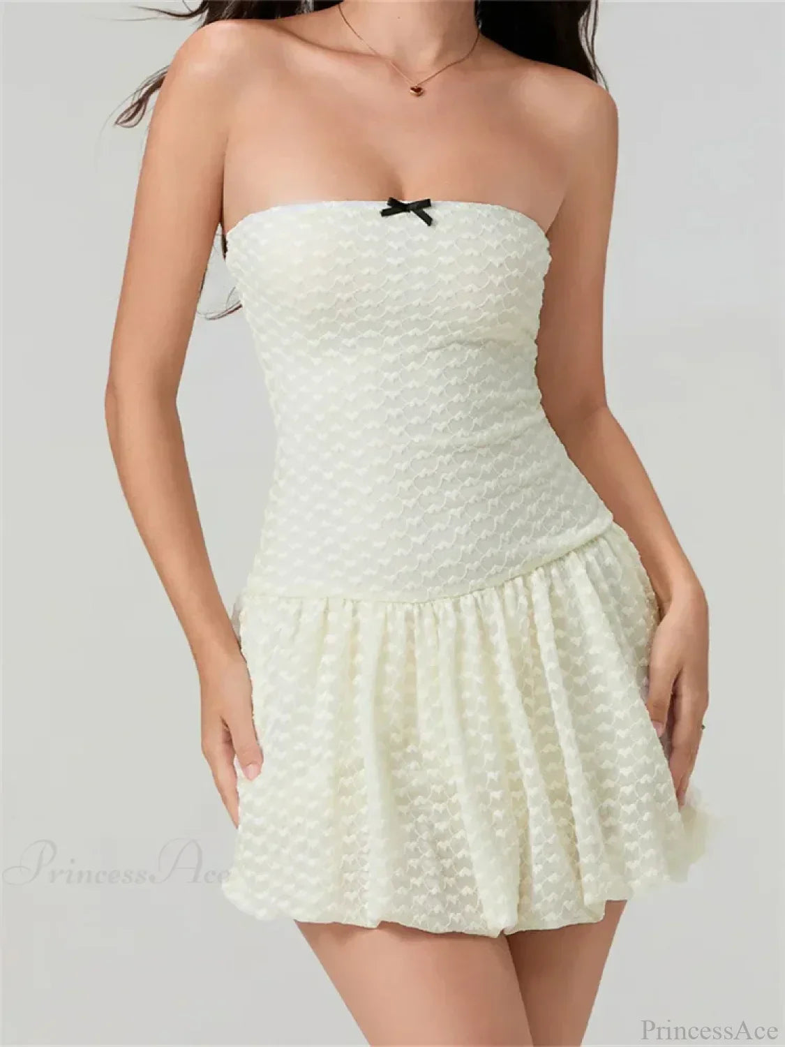 Heart Texture Bow Trim Strapless Bubble Hem Mini Dress