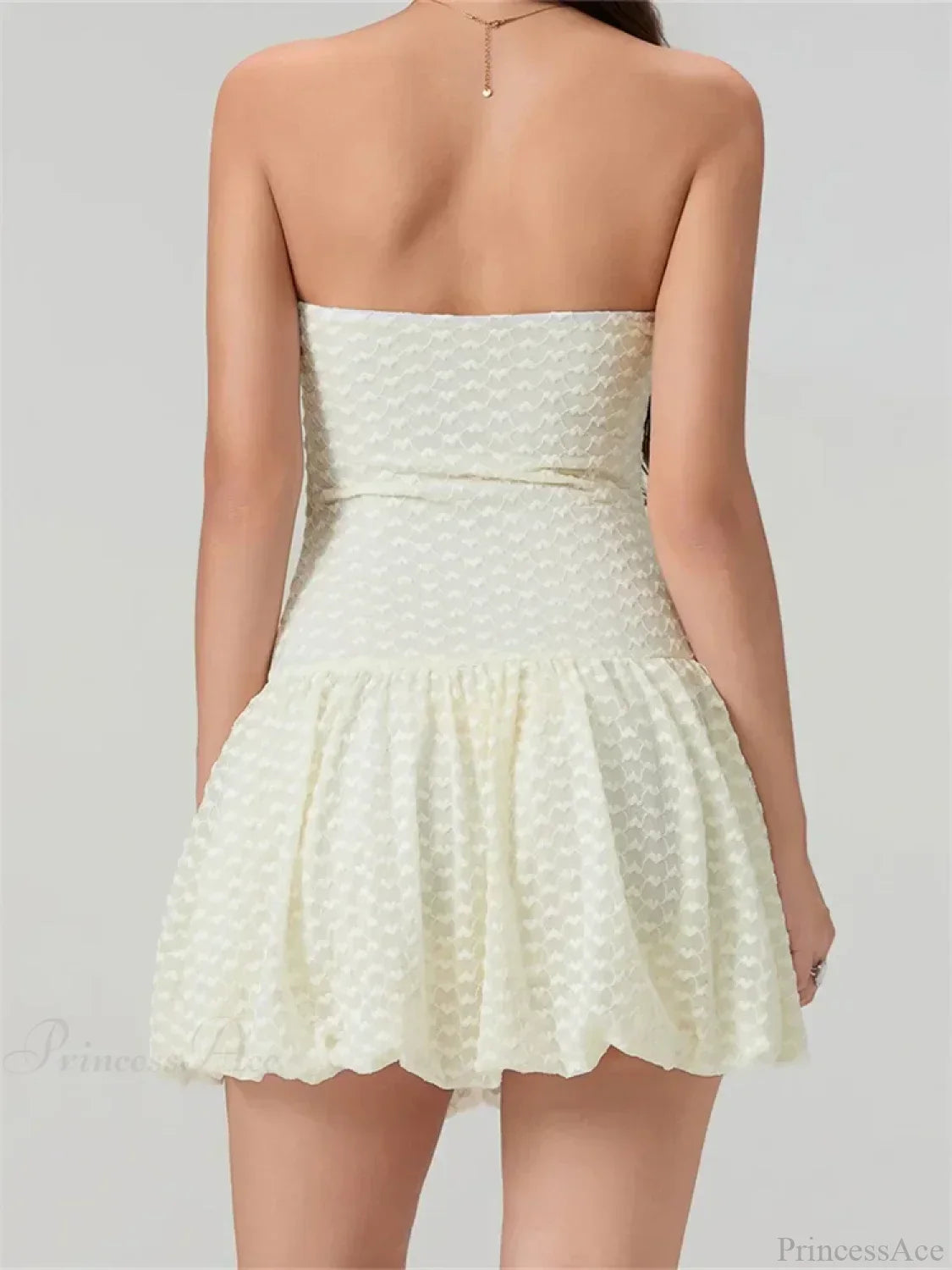 Heart Texture Bow Trim Strapless Bubble Hem Mini Dress