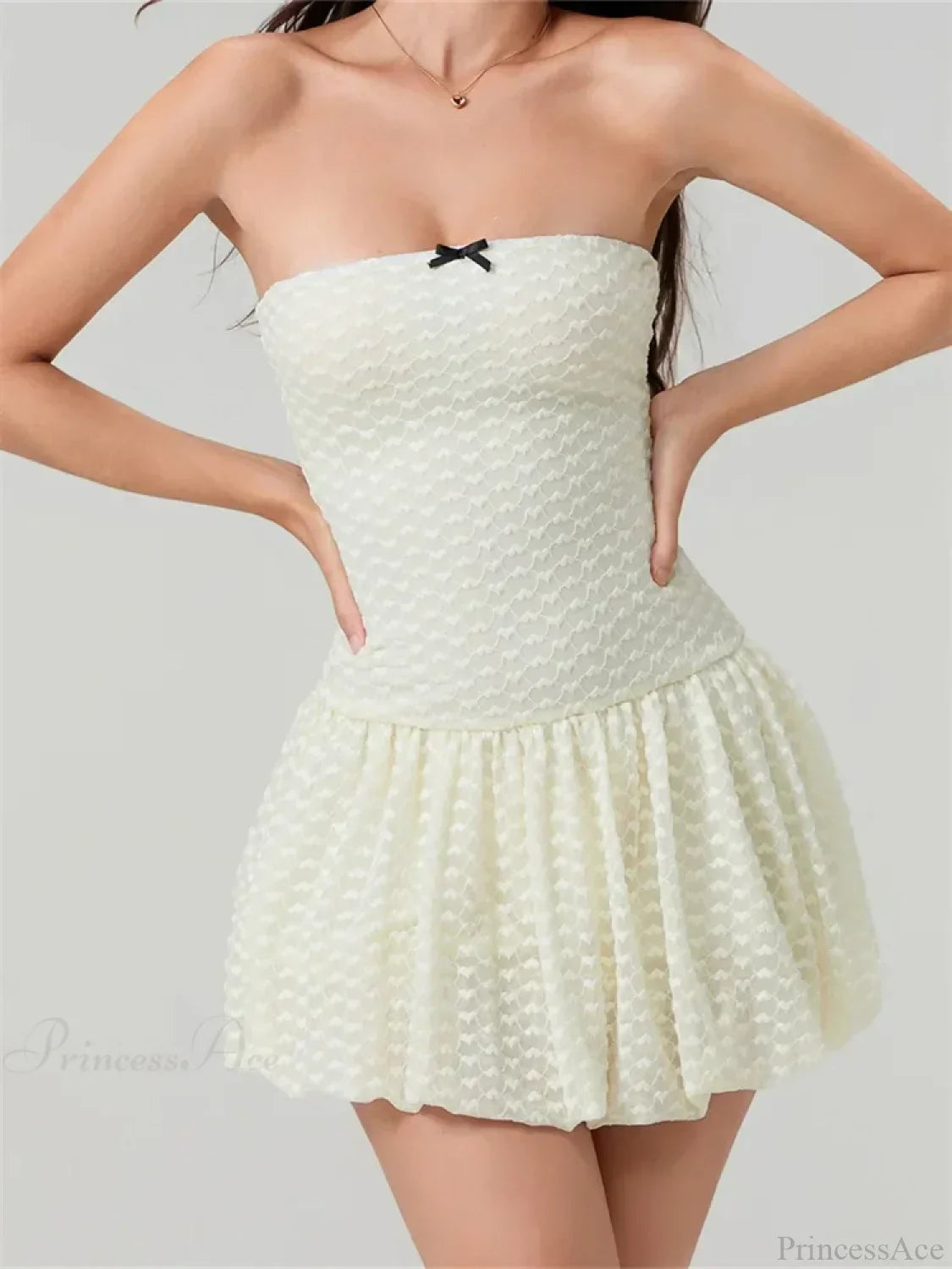 Heart Texture Bow Trim Strapless Bubble Hem Mini Dress