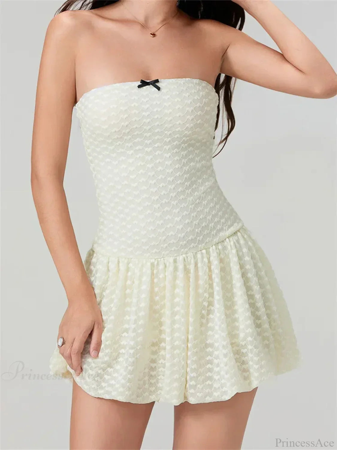 Heart Texture Bow Trim Strapless Bubble Hem Mini Dress