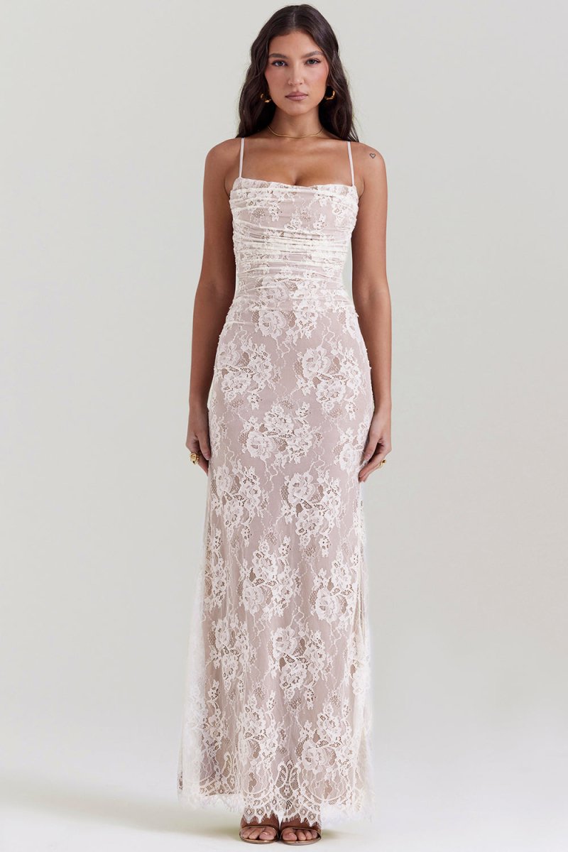 Floral Lace Corset Lace Up Back Long Sleeve Mermaid Maxi Gown