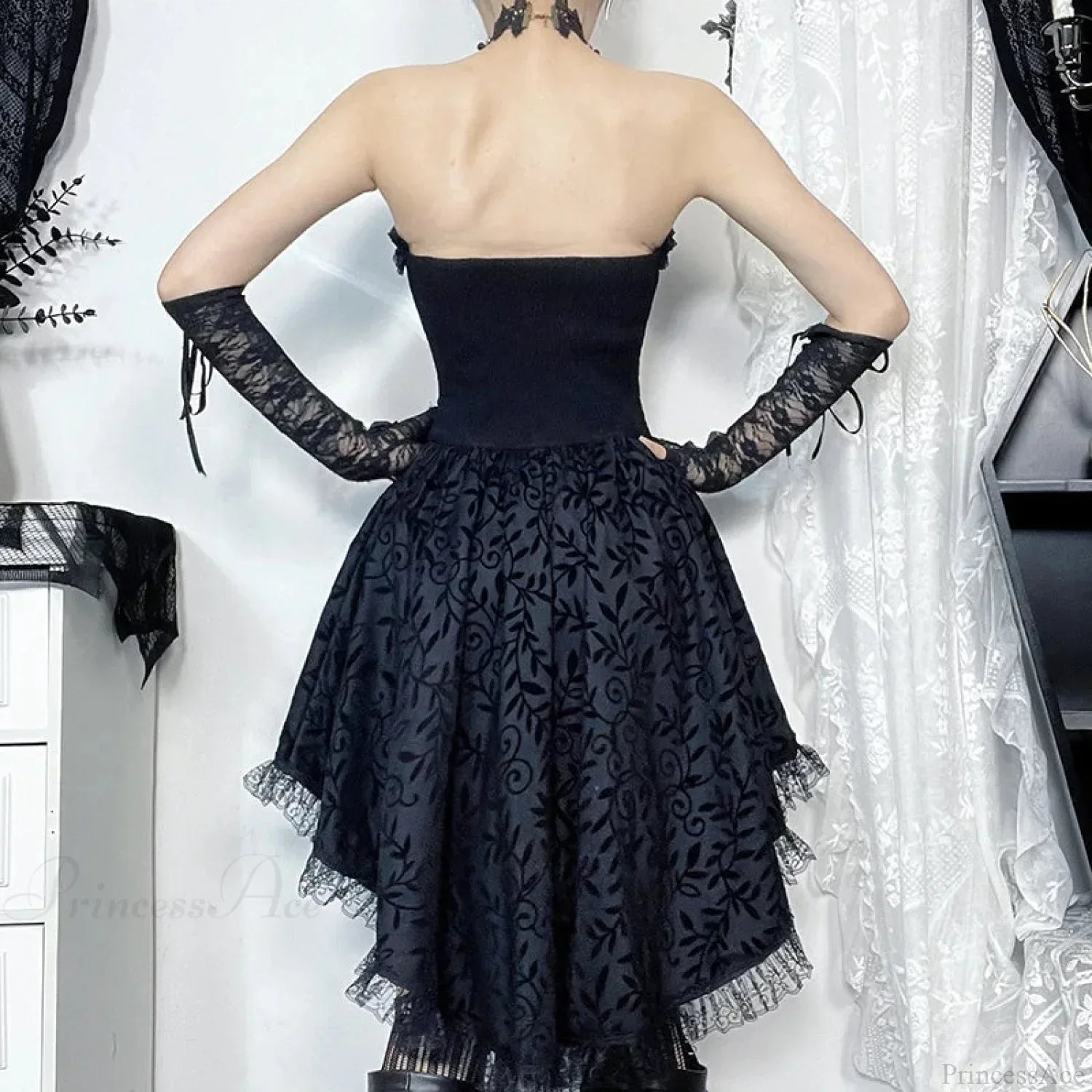 Damask Jacquard Lace Up Corset Strapless High-Low Lace Trim Mini Dress