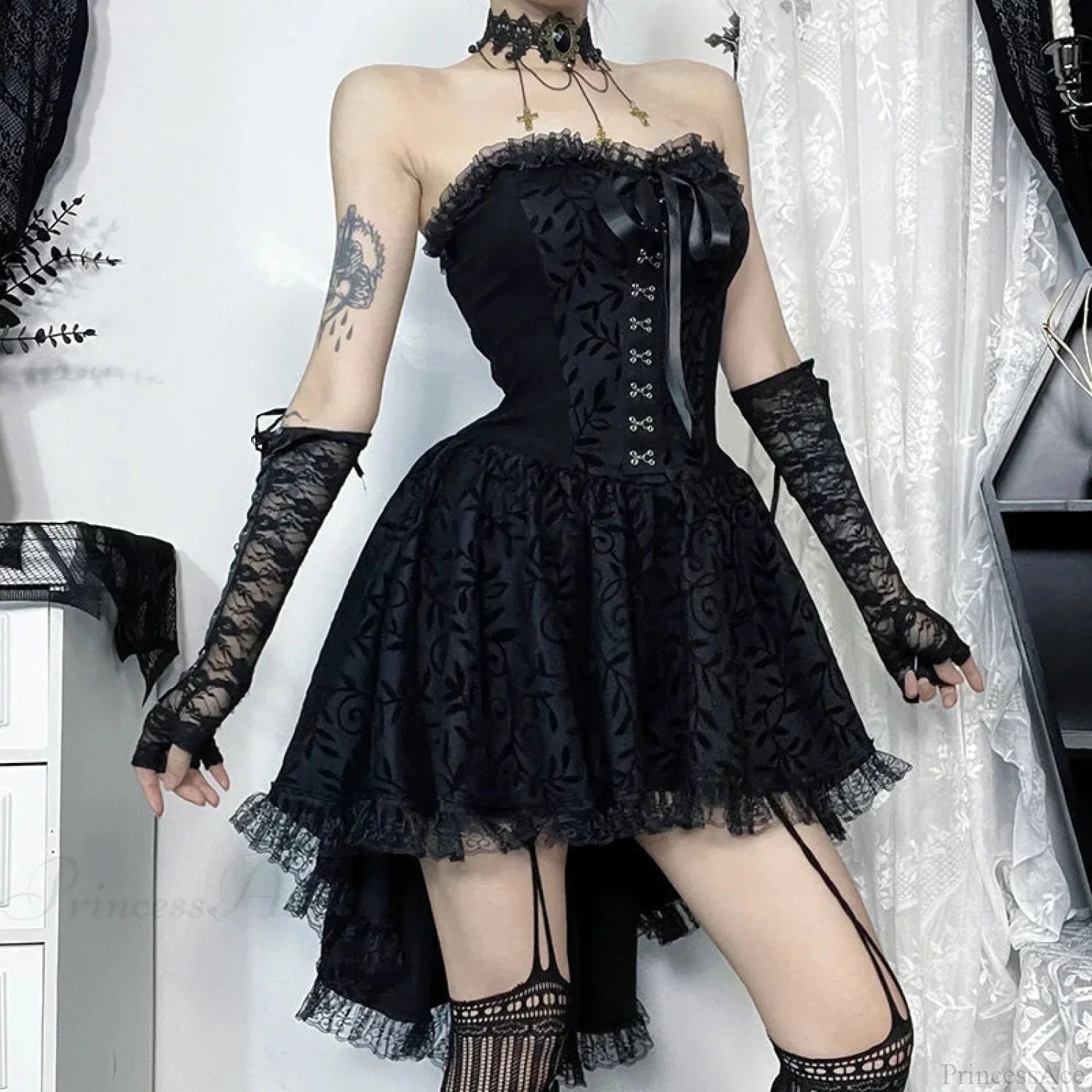 Damask Jacquard Lace Up Corset Strapless High-Low Lace Trim Mini Dress