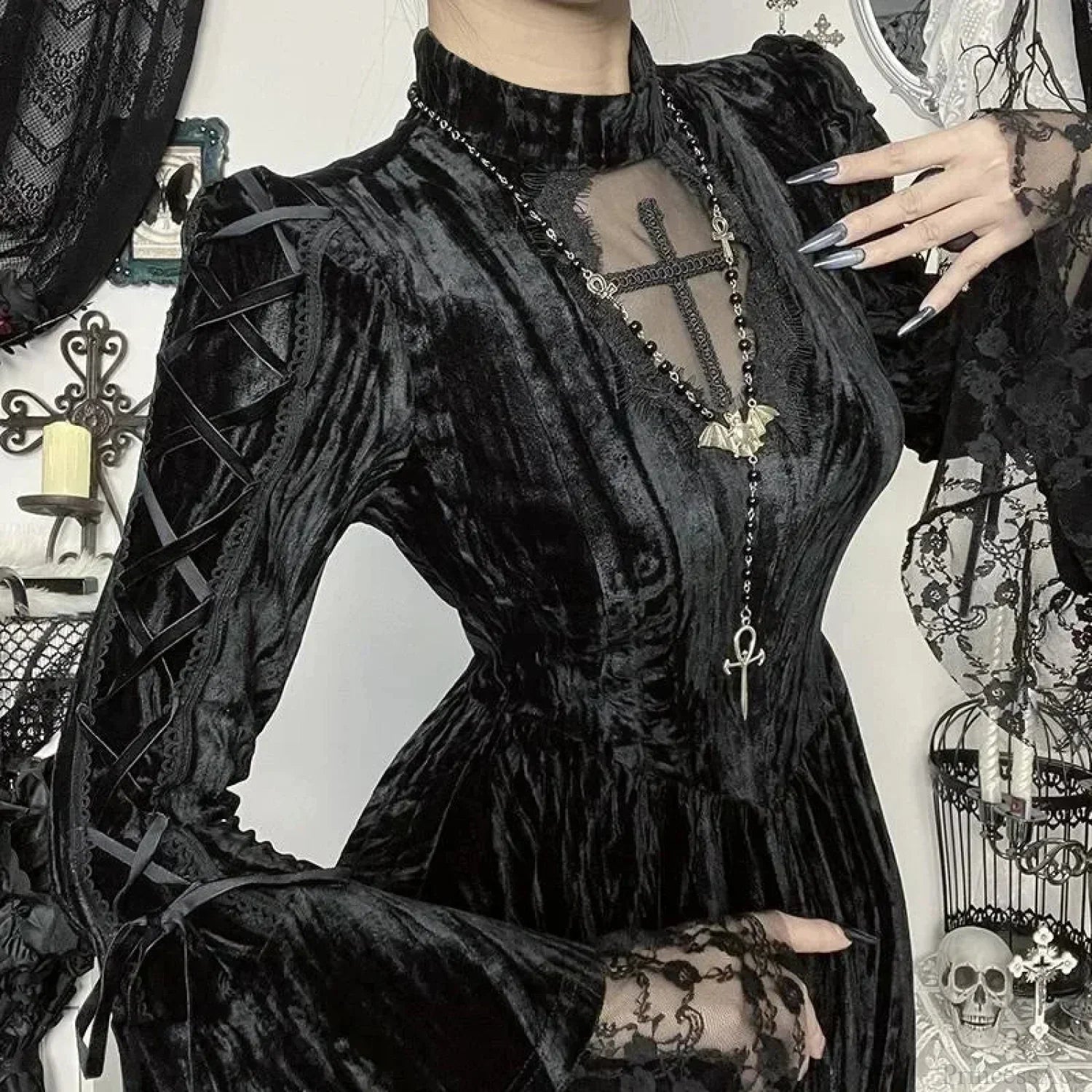 Velvet Mock Neck Mesh Cross Cut Out Bell Sleeve Lace Cuff Mini Dress