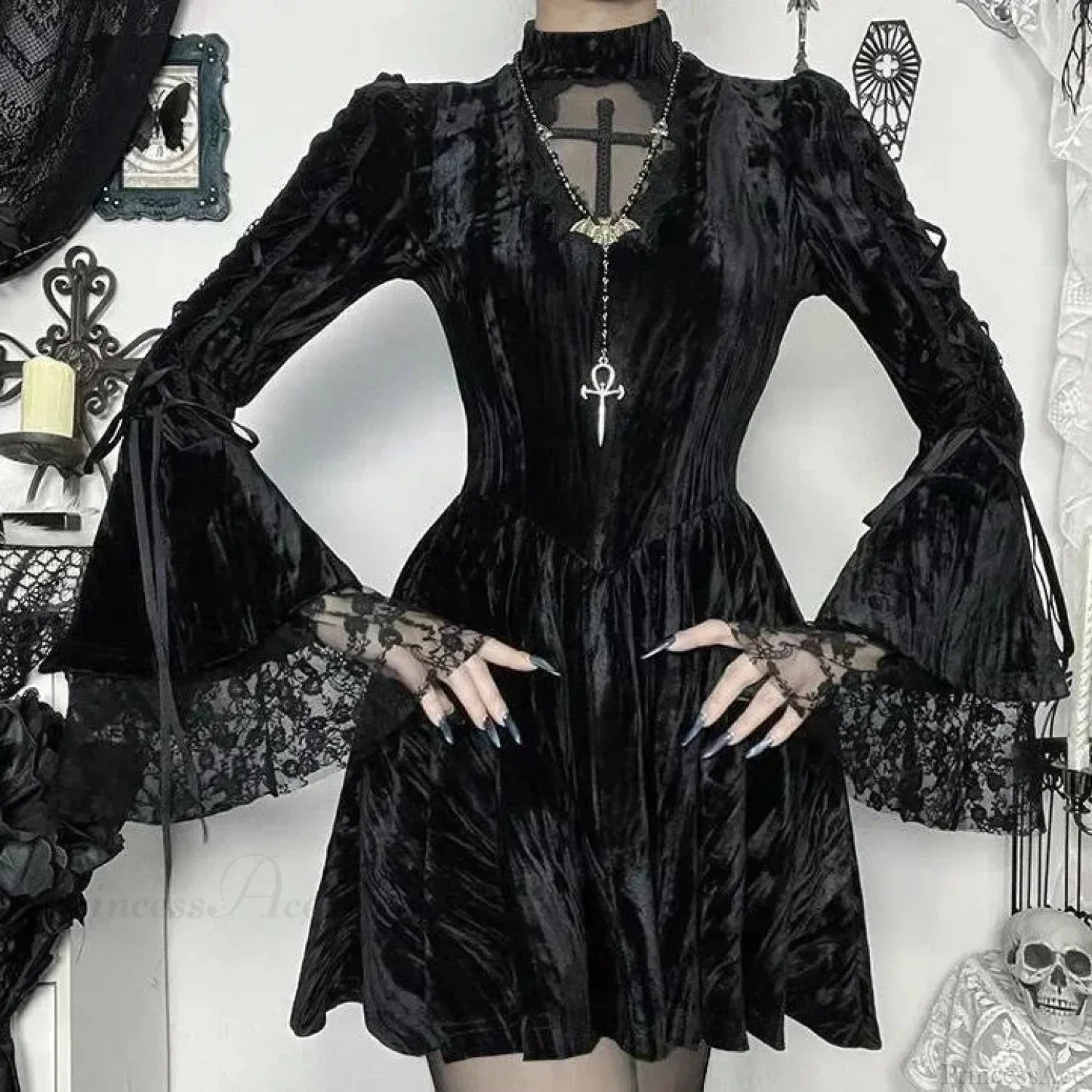 Velvet Mock Neck Mesh Cross Cut Out Bell Sleeve Lace Cuff Mini Dress