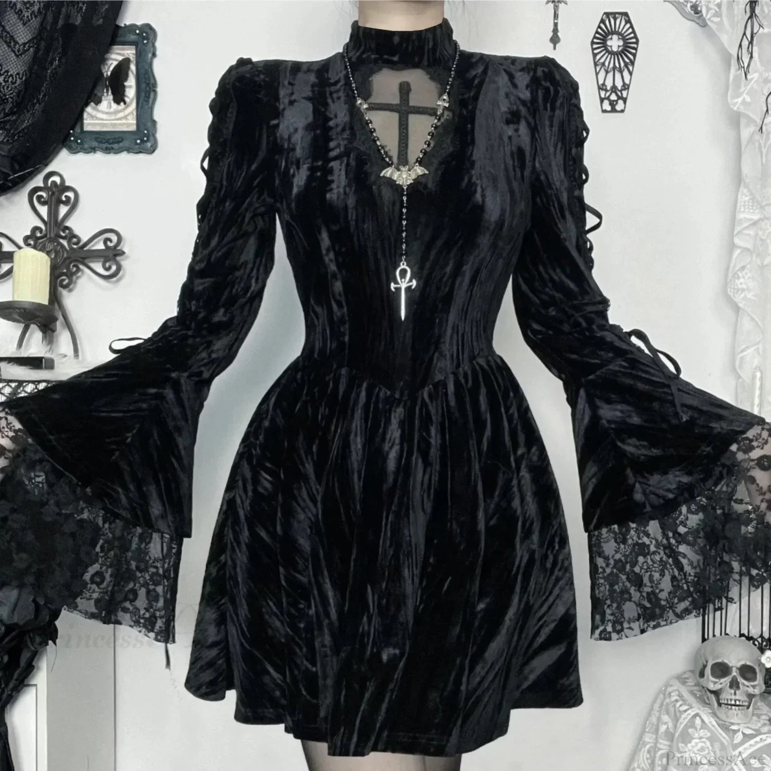 Velvet Mock Neck Mesh Cross Cut Out Bell Sleeve Lace Cuff Mini Dress
