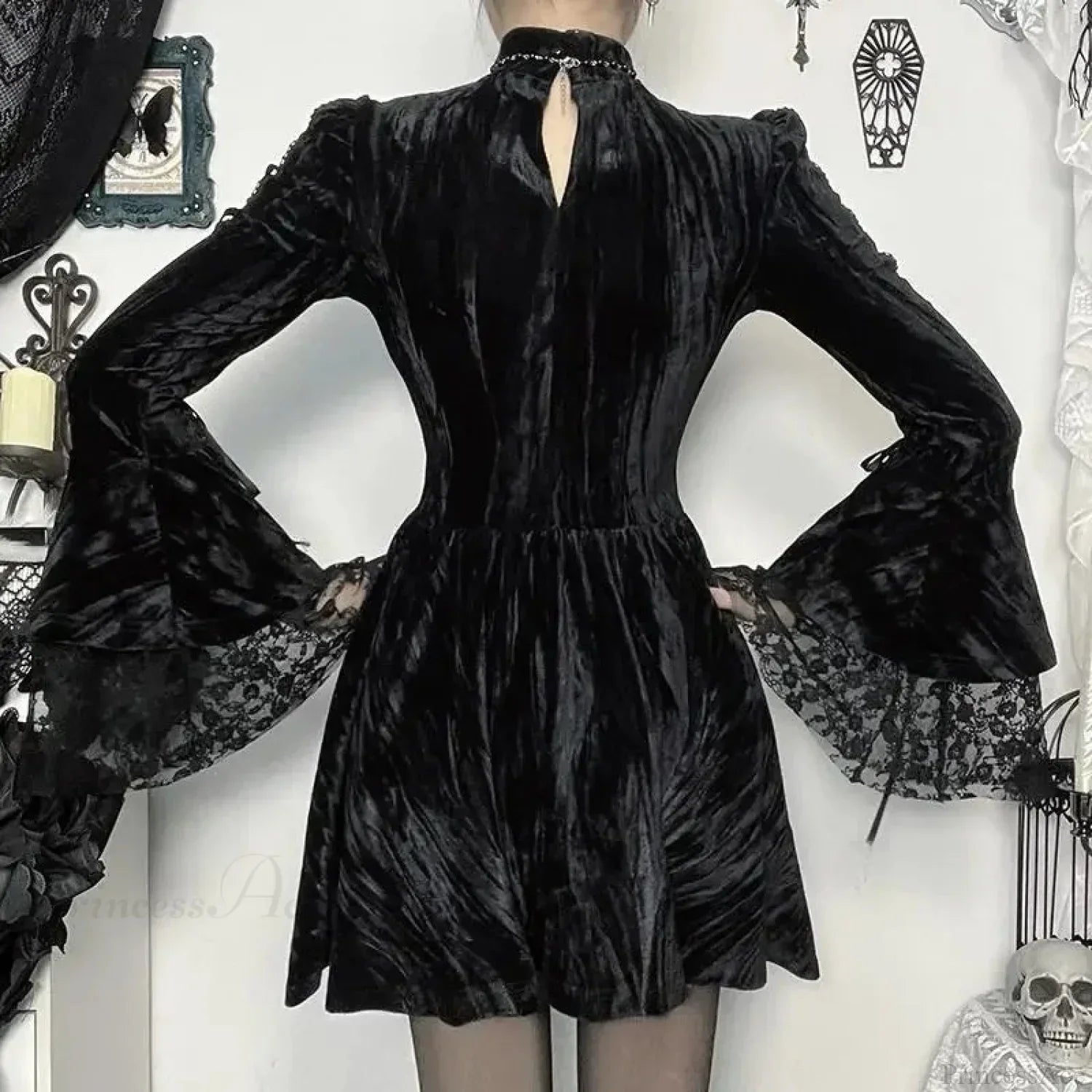 Velvet Mock Neck Mesh Cross Cut Out Bell Sleeve Lace Cuff Mini Dress