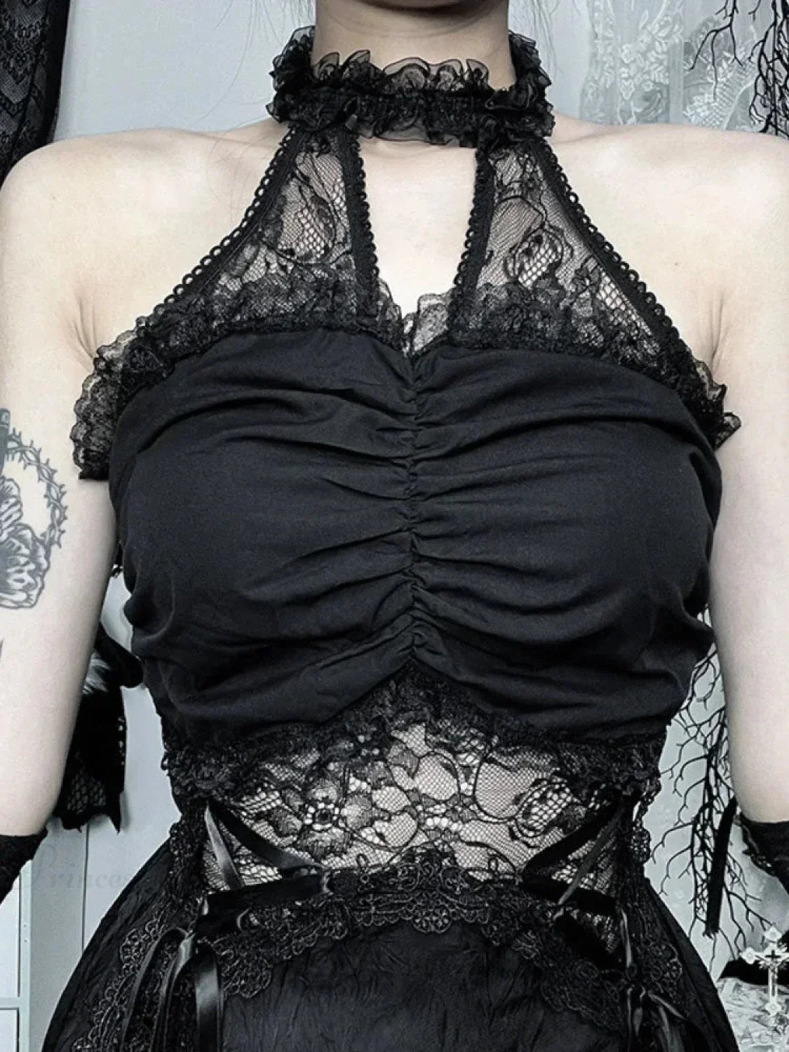 Lace Halter Criss Cross Ribbon Trim Flared Gothic Mini Dress