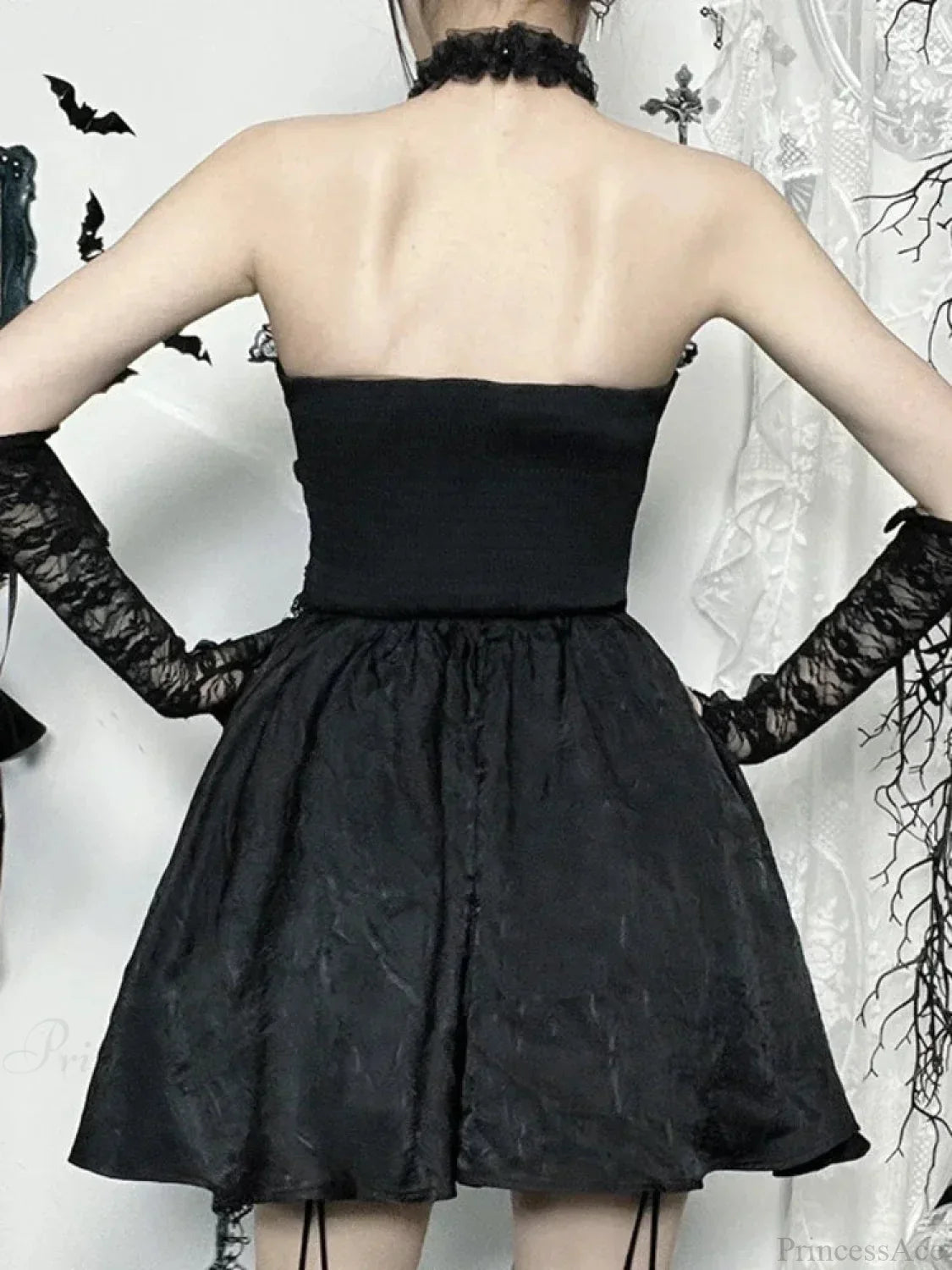 Lace Halter Criss Cross Ribbon Trim Flared Gothic Mini Dress