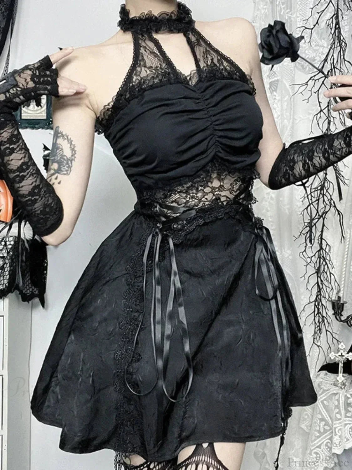 Lace Halter Criss Cross Ribbon Trim Flared Gothic Mini Dress