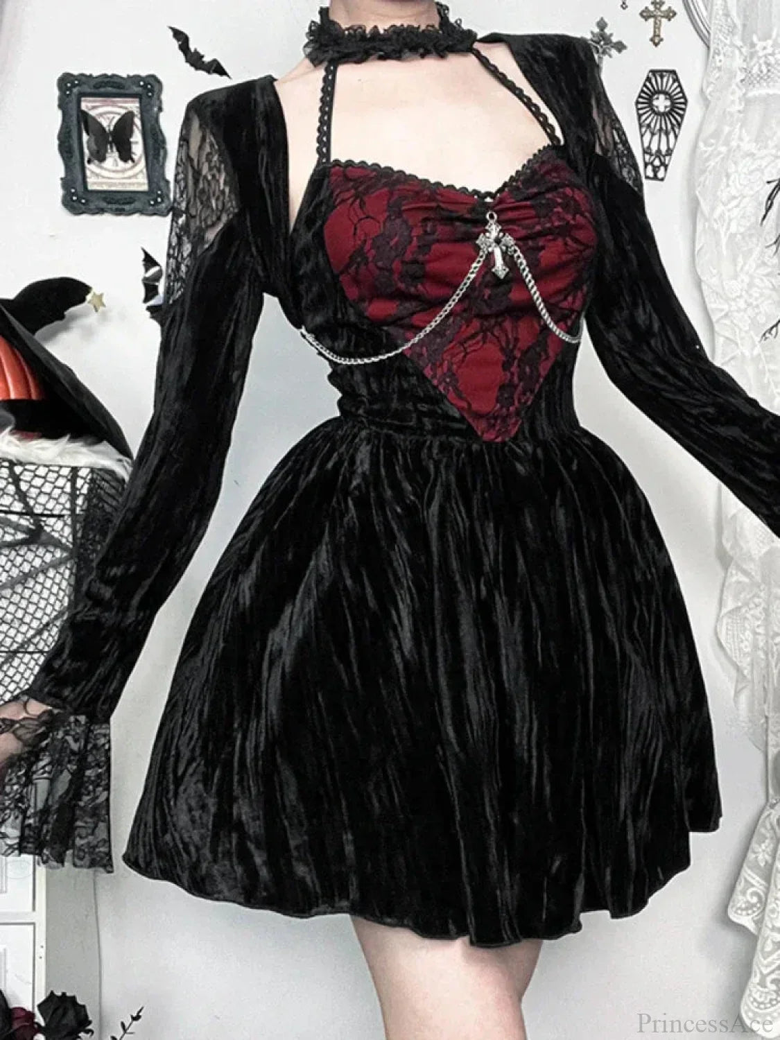Velvet Lace Heart Panel Halter Choker Cross Chain Mini Dress