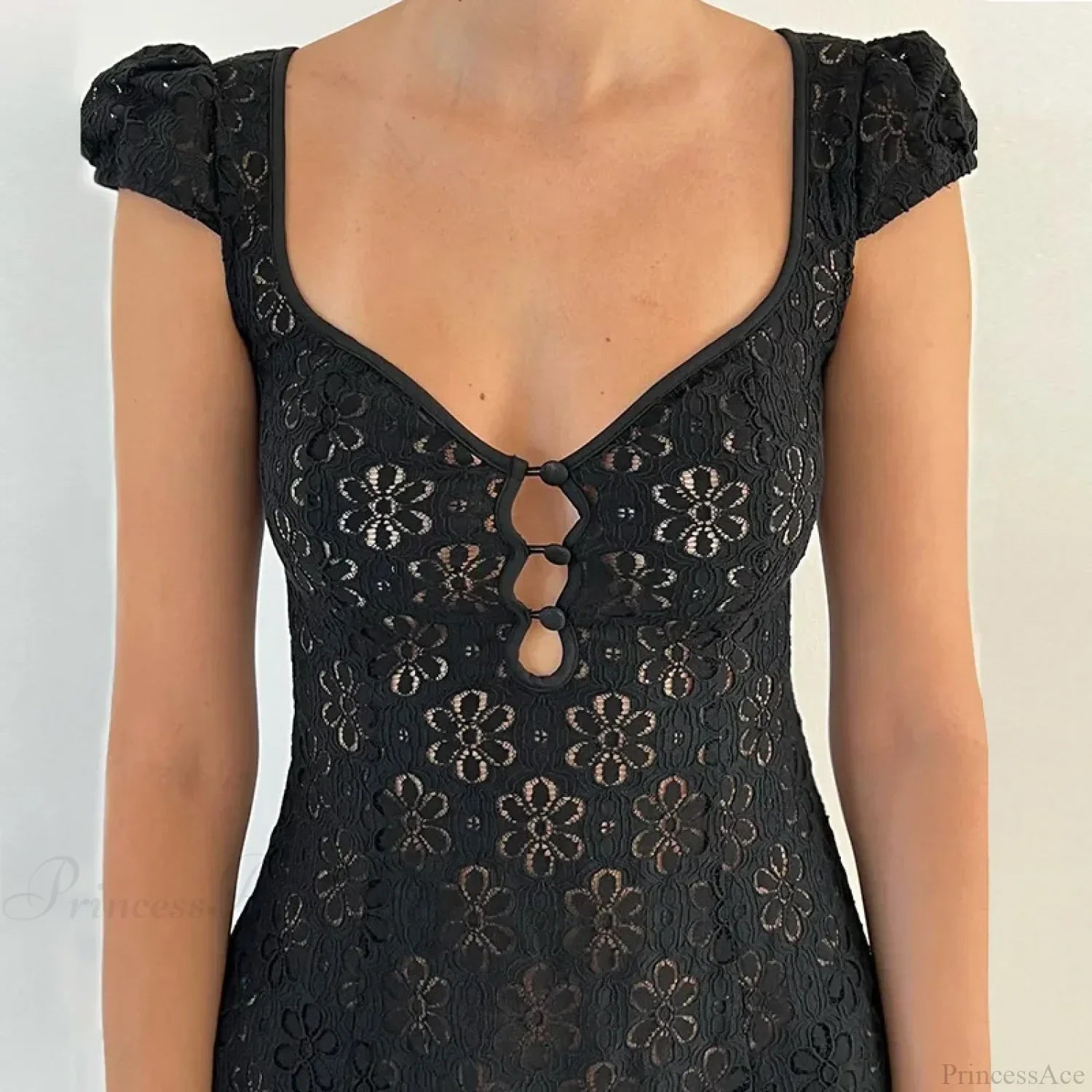 Floral Lace Sweetheart Cap Sleeve Button Front Cutout Mini Dress