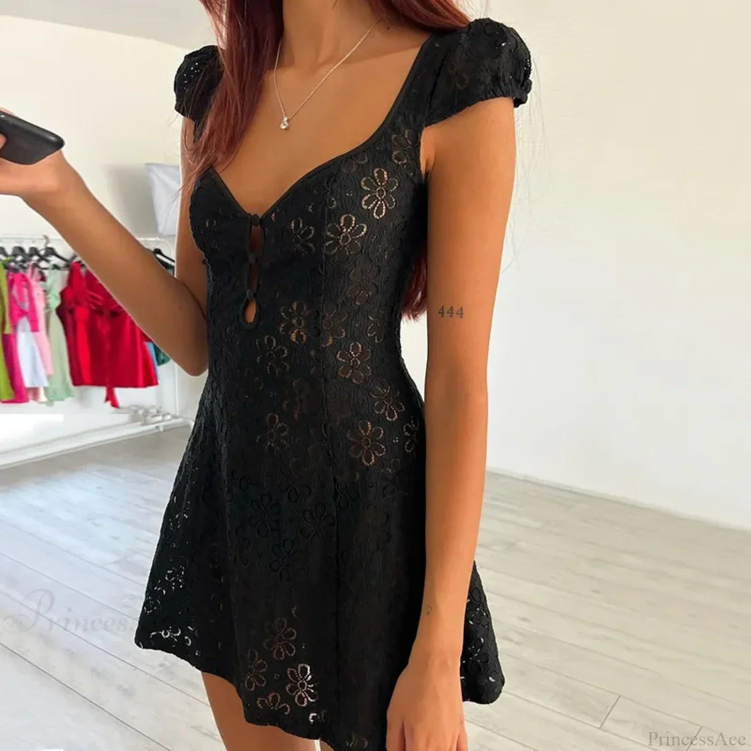 Floral Lace Sweetheart Cap Sleeve Button Front Cutout Mini Dress
