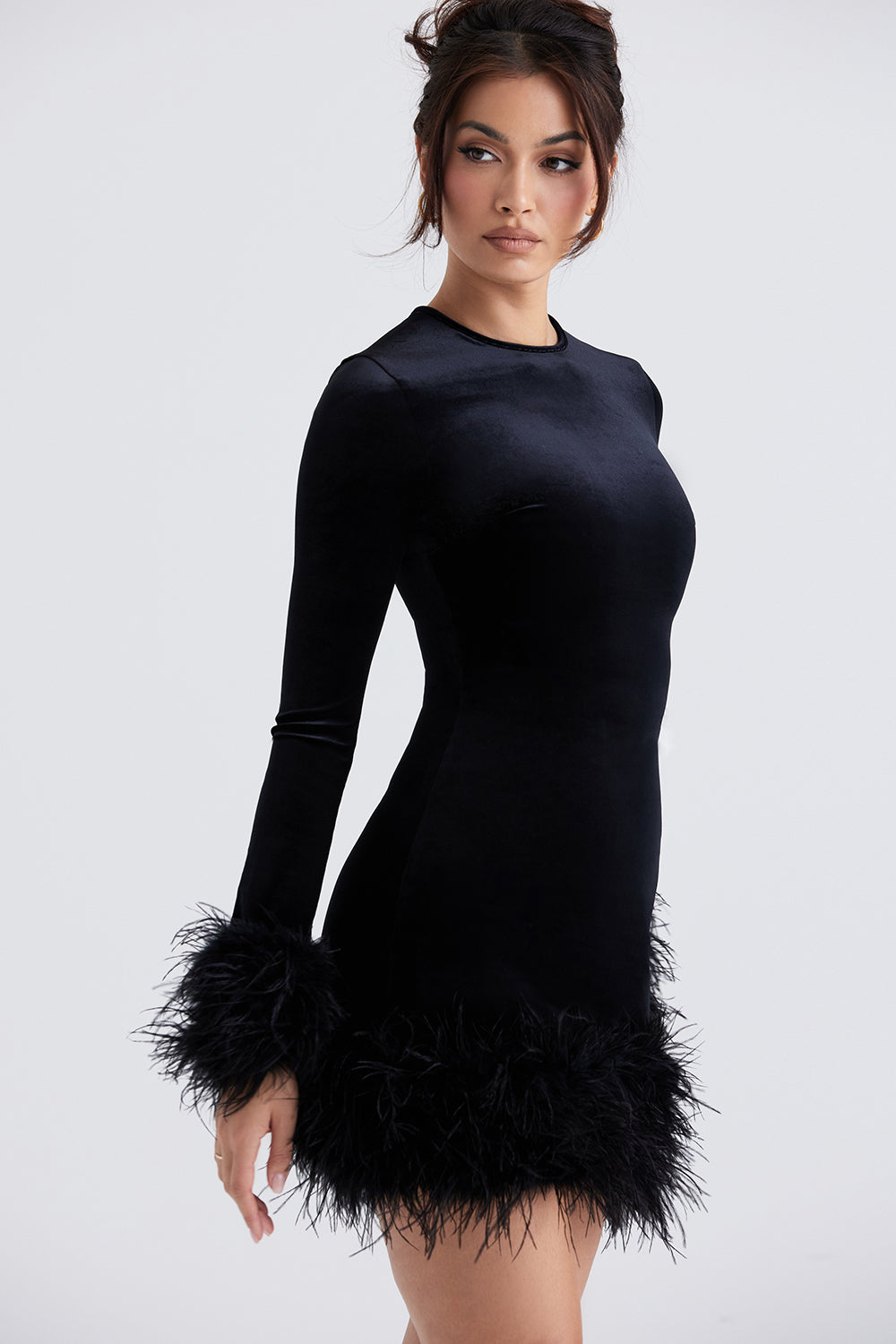Velvet Long Sleeve Feather Trim Bodycon Mini Cocktail Dress