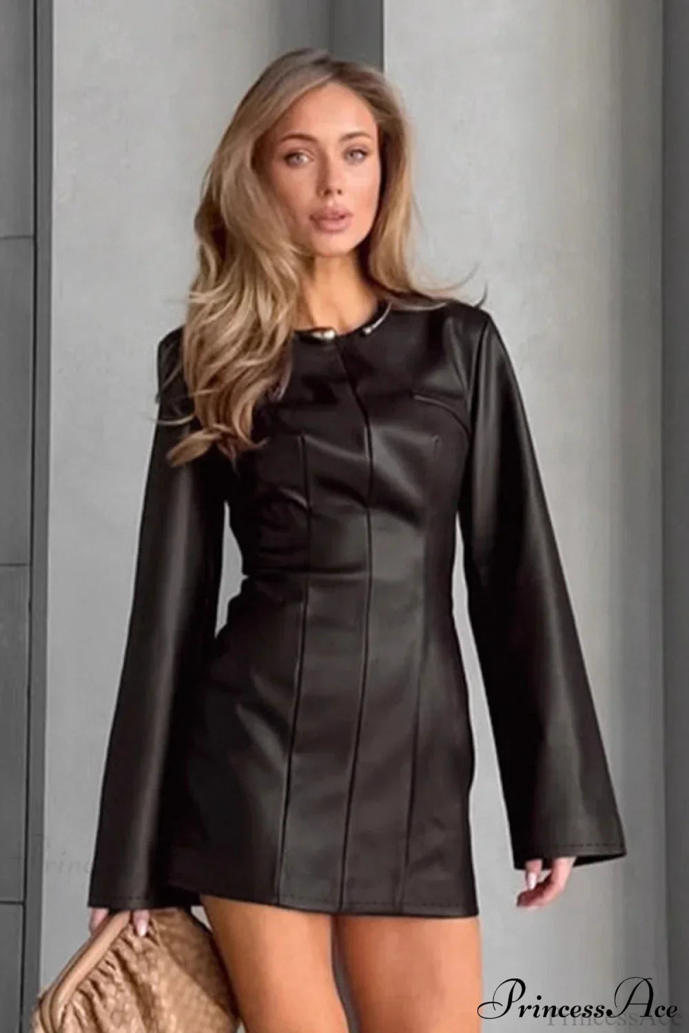 Faux Leather Metallic Collar Long Sleeve Bodycon Mini Dress