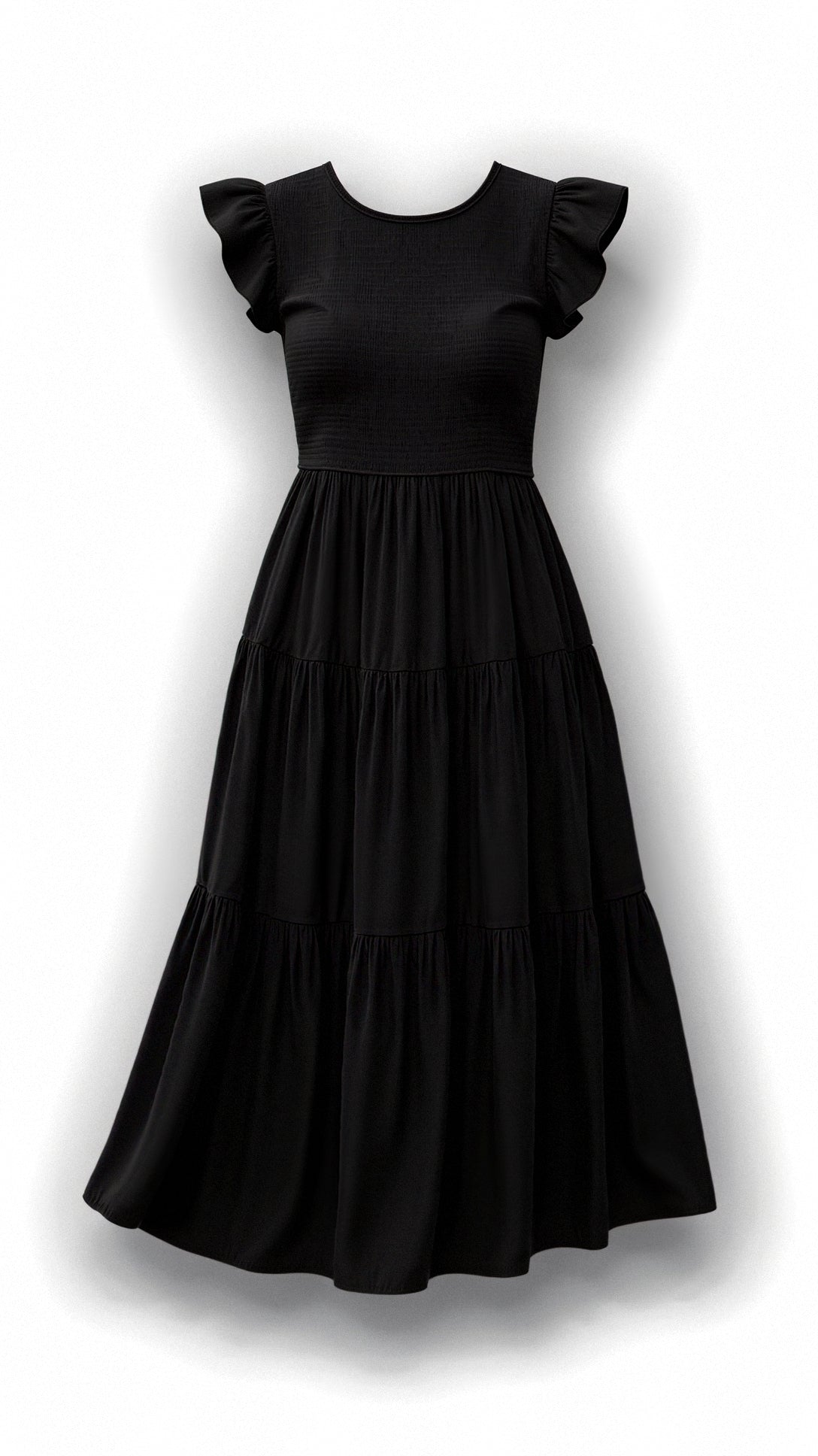 Smocked Round Neck Flutter Sleeve Tiered Midi Dress