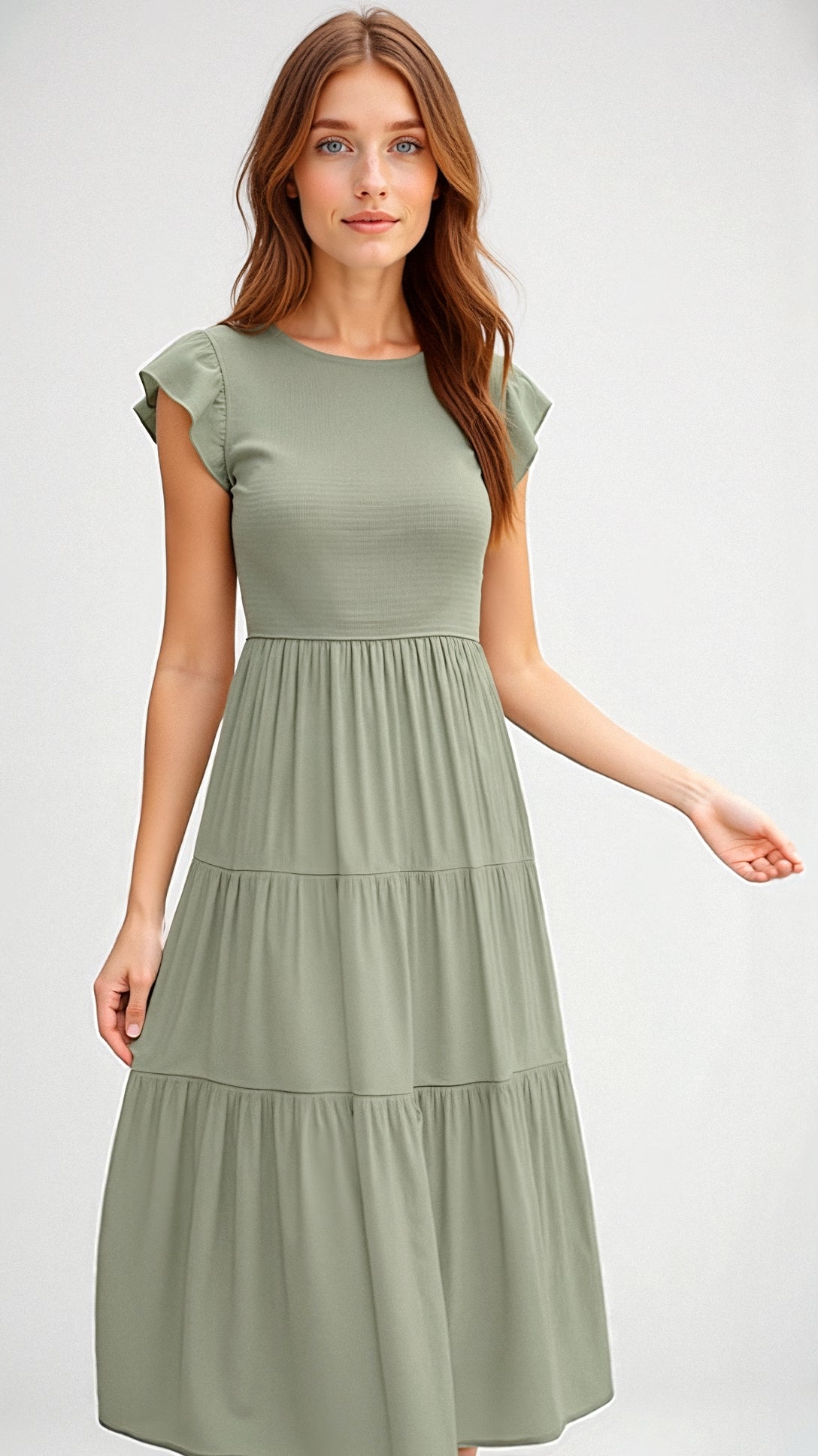 Smocked Round Neck Flutter Sleeve Tiered Midi Dress