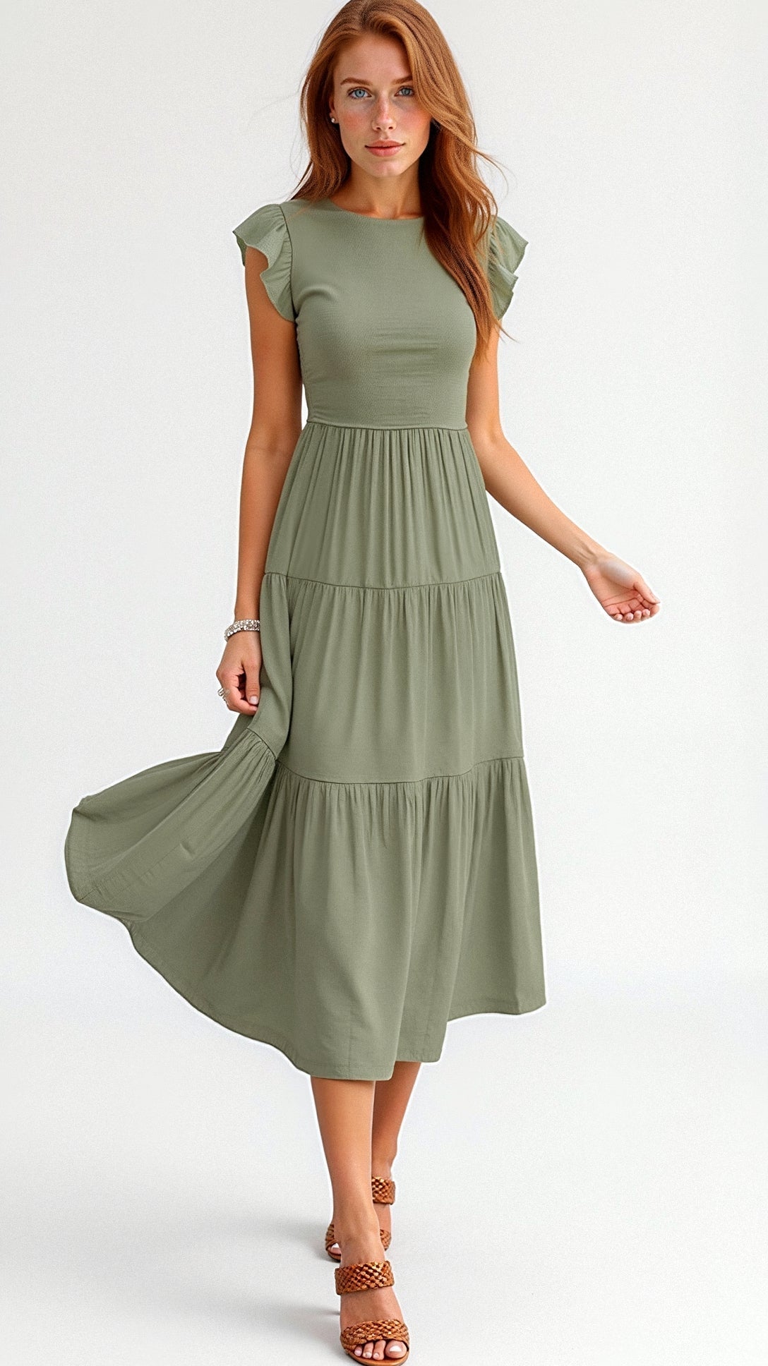 Smocked Round Neck Flutter Sleeve Tiered Midi Dress