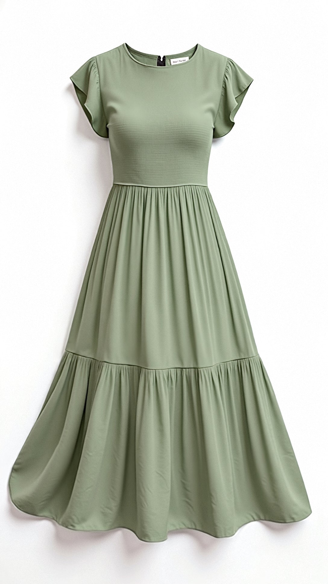 Smocked Round Neck Flutter Sleeve Tiered Midi Dress