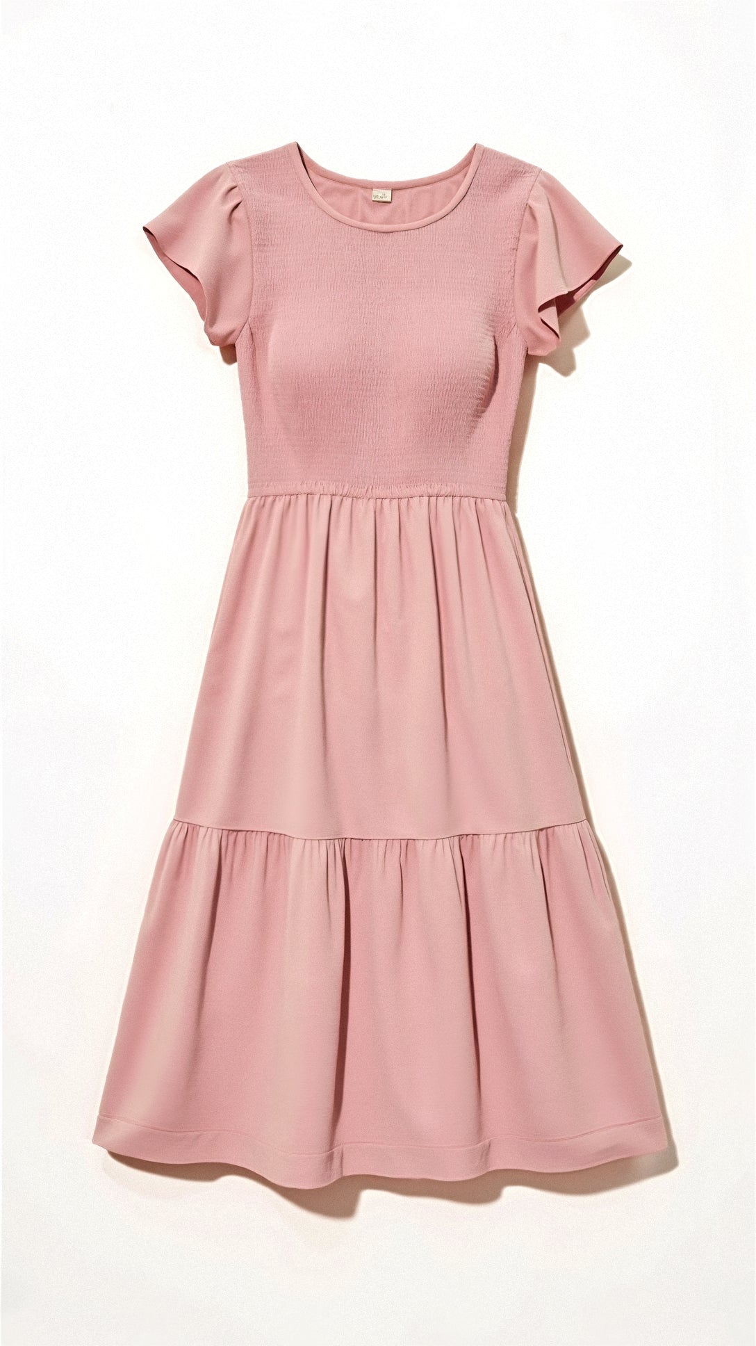 Smocked Round Neck Flutter Sleeve Tiered Midi Dress