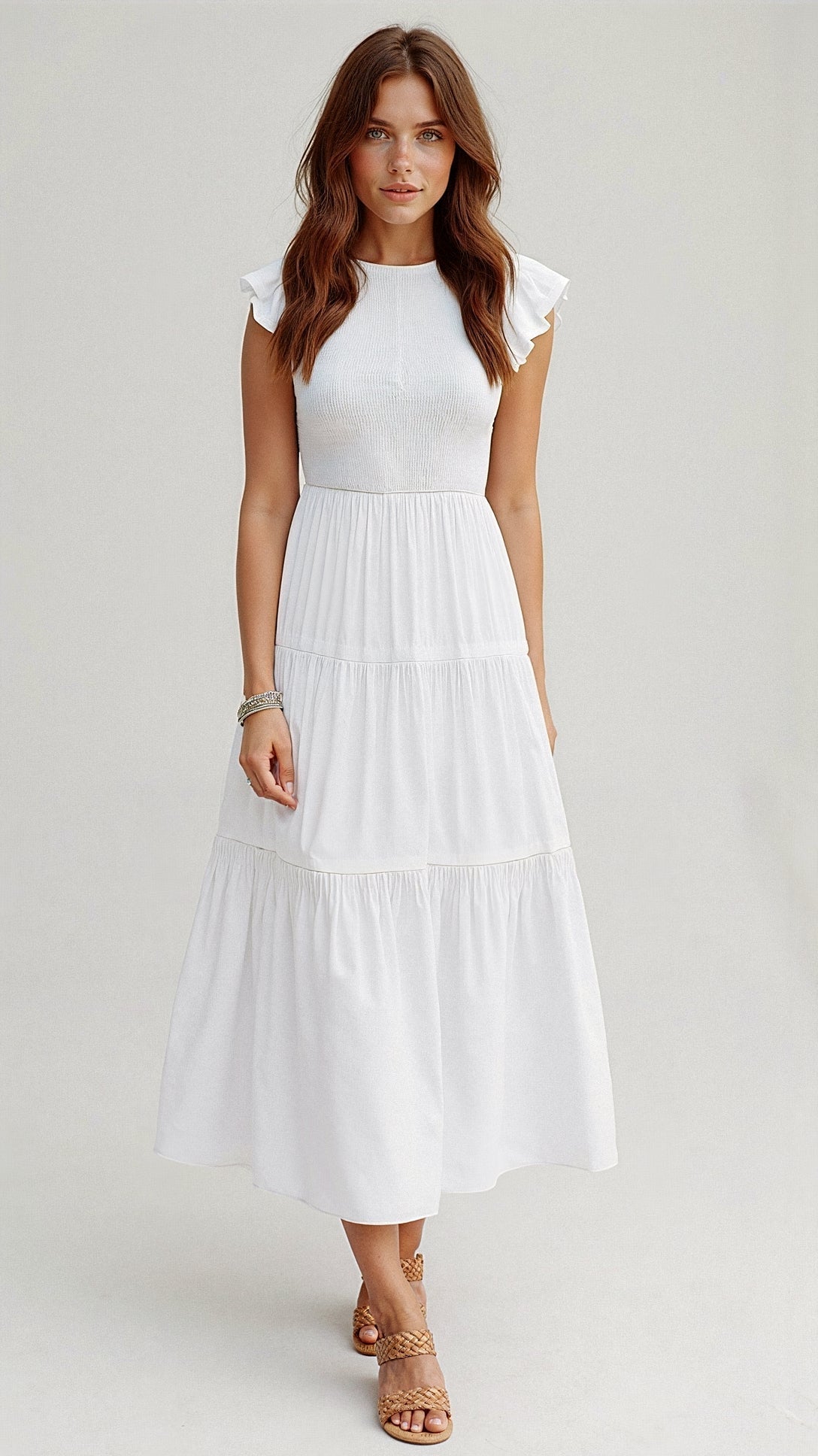 Smocked Round Neck Flutter Sleeve Tiered Midi Dress