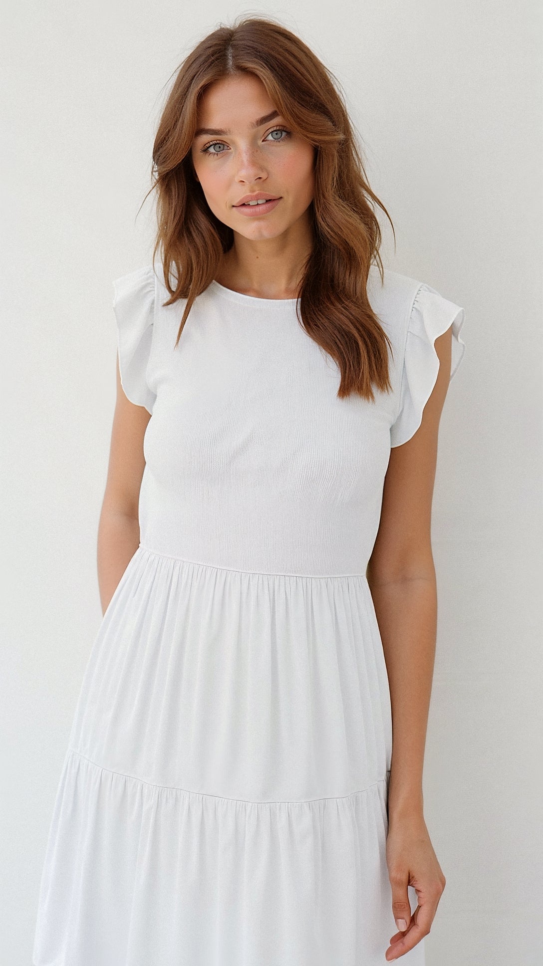Smocked Round Neck Flutter Sleeve Tiered Midi Dress