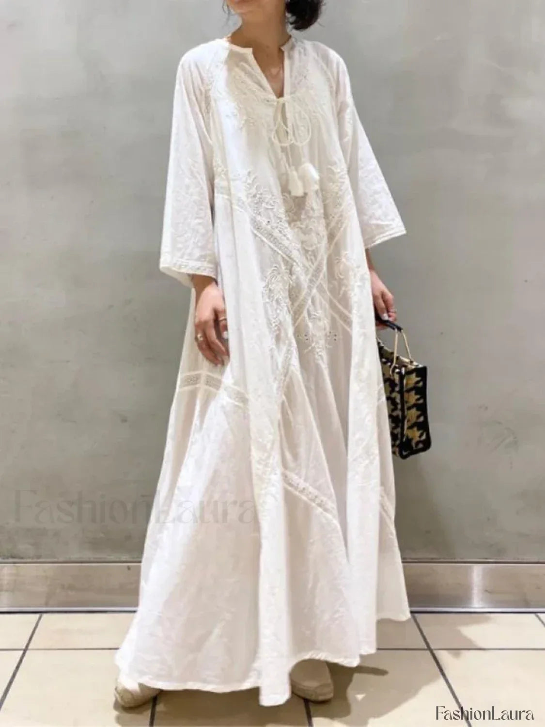 White Linen Lace-up Dress