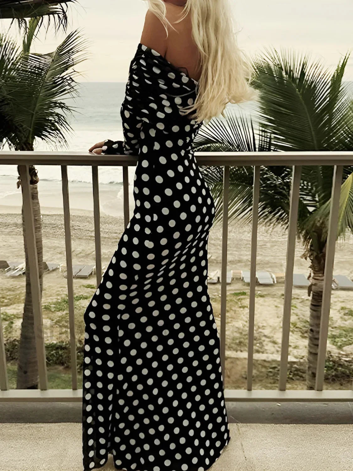 Black Long Sleeve Off Shoulder Polka Dot Print Long Dress