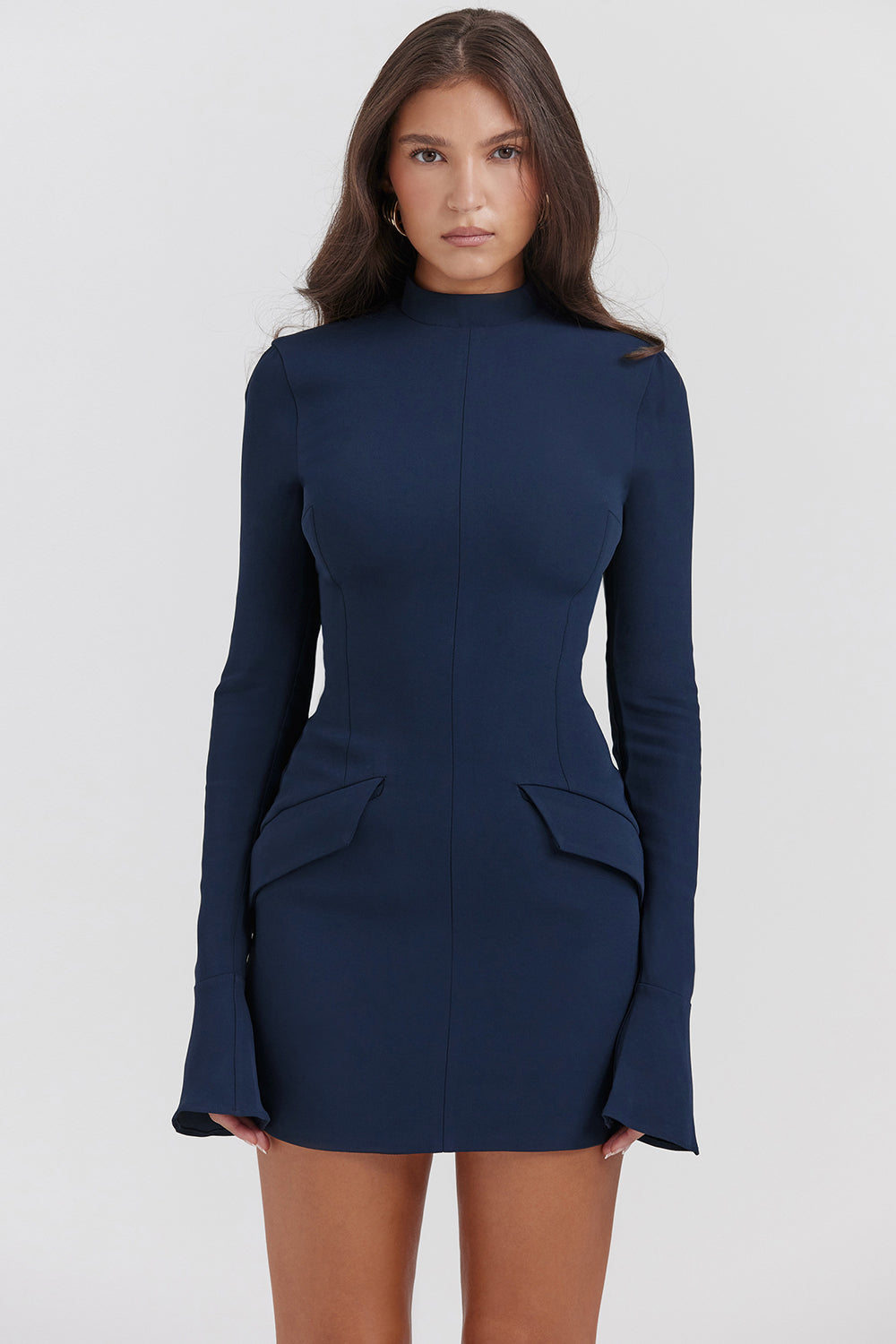 Mock Neck Long Sleeve Flap Pocket Structured Mini Dress