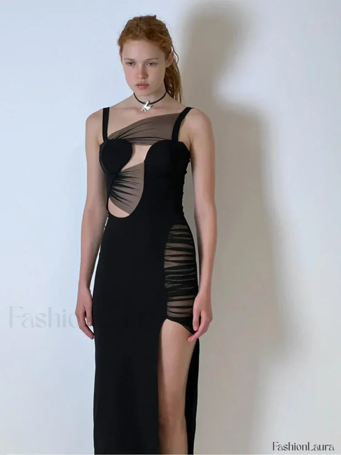 Black Mesh Hollow V-Neck Maxi Dress