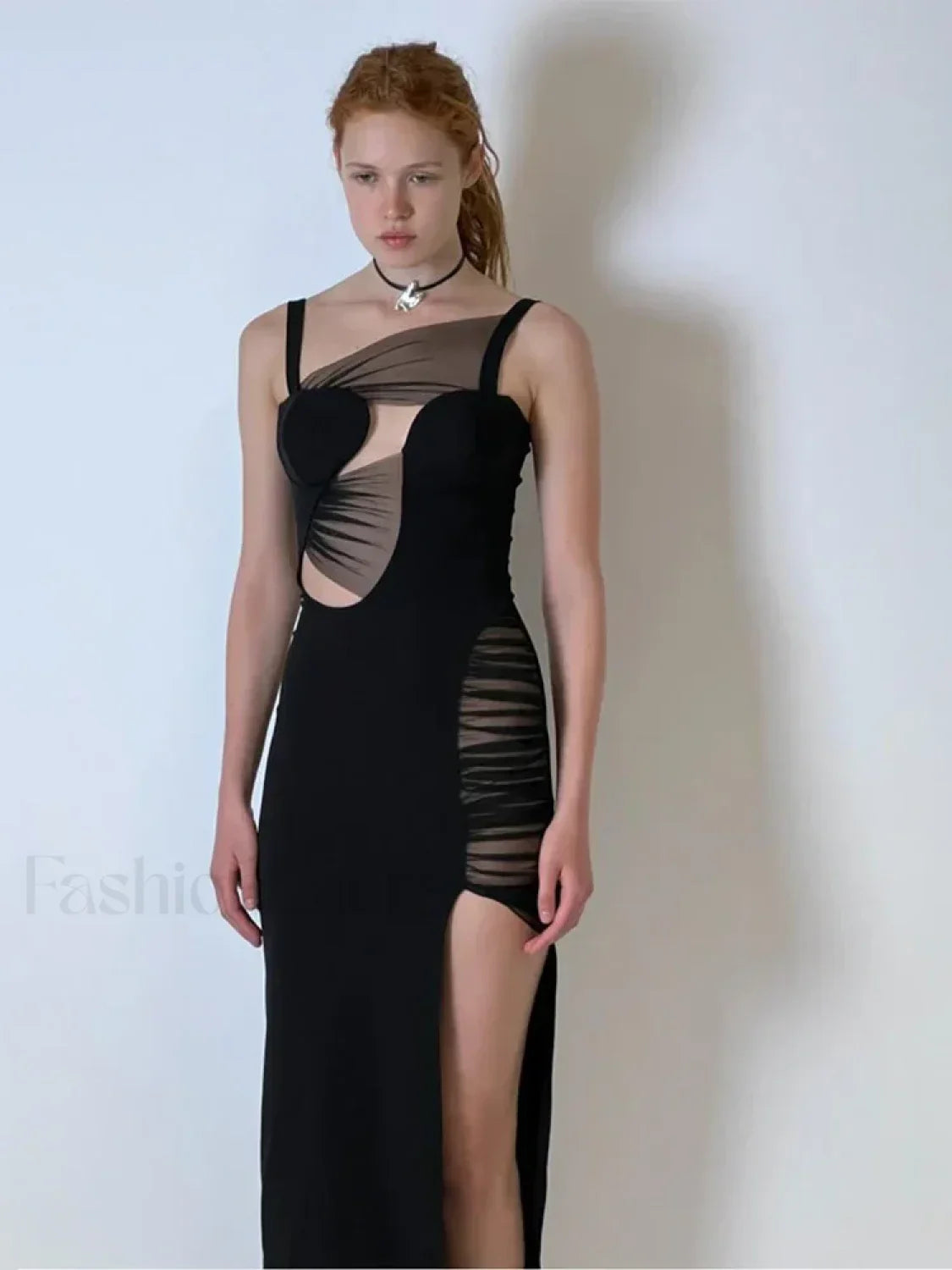 Black Mesh Hollow V-Neck Maxi Dress