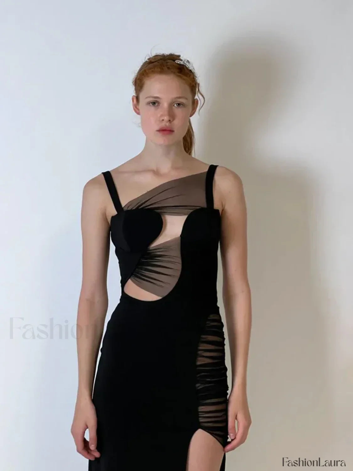 Black Mesh Hollow V-Neck Maxi Dress