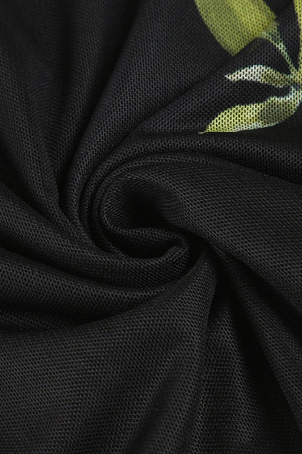 Black Mesh Stitching Irregular Pleated Plant Print Maxi Dress