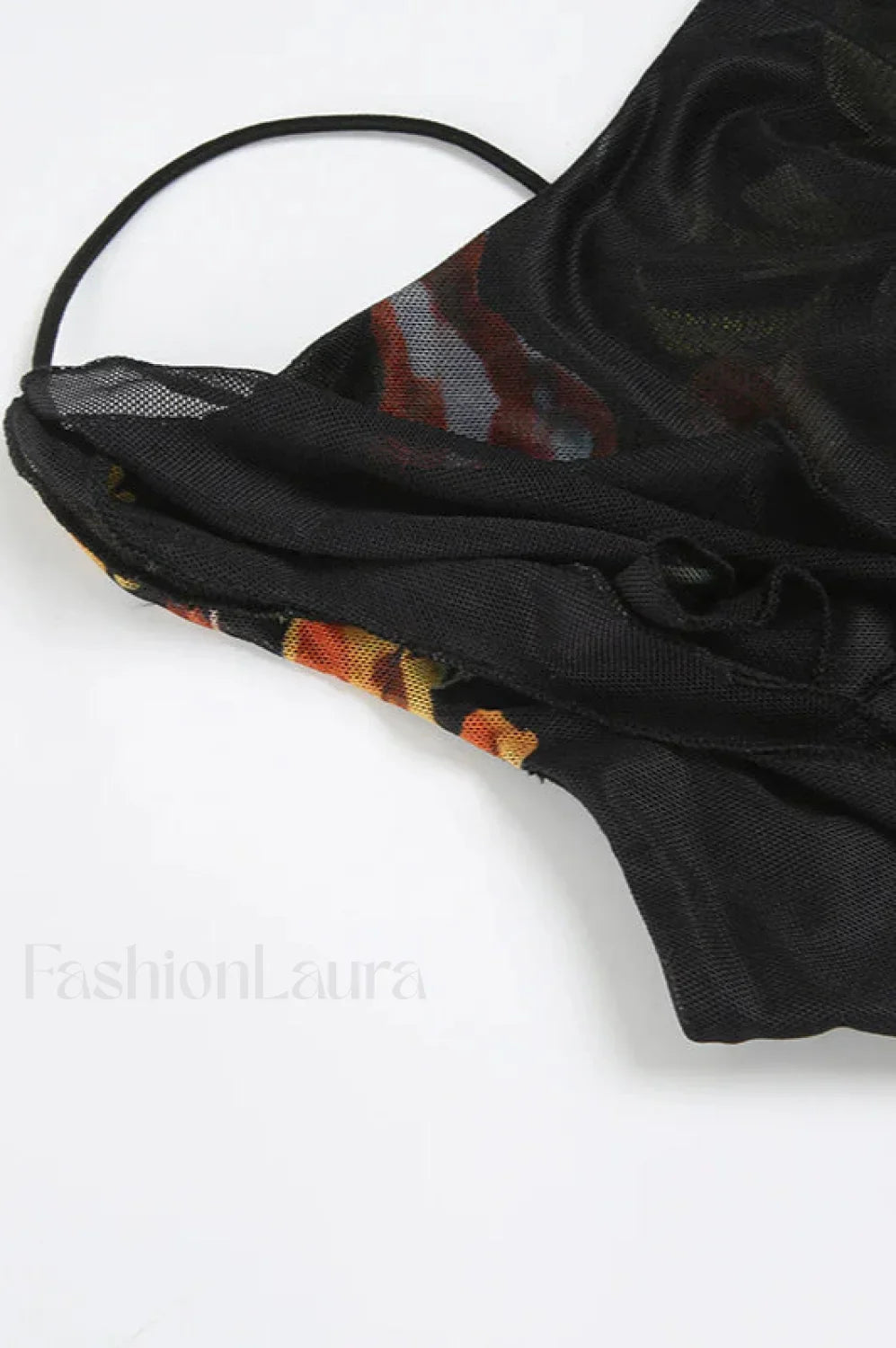 Black Mesh Stitching Irregular Pleated Plant Print Maxi Dress
